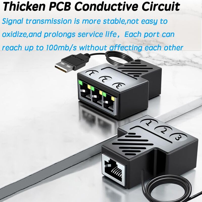 Rj45 Ethernet Splitter Adapter,Aoiutrn 1 To 3 Ports [3 Devices Simultaneous Networking] Network Extension With Usb Power Cable 100 Mbps Internet Speed 8P8C Extender Plug Lan Interface For Cat5/6/7/8