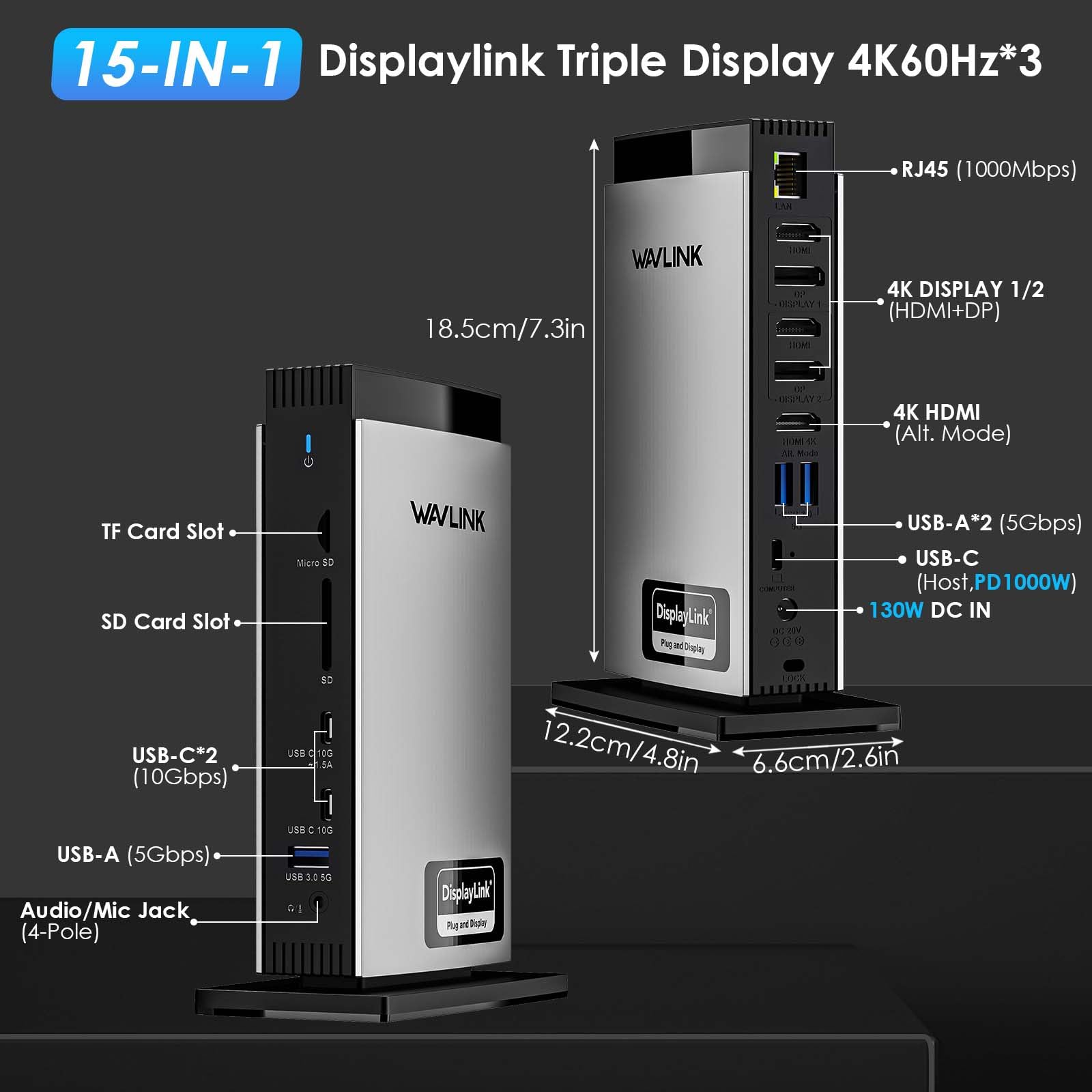 Wavlink Usb C Displaylink Docking Station 15 In 1 With 3 Hdmi,Laptop Docking Station Triple Monitor 4K60Hz,100W Charging For M1 M2 M3 Mac And Windows,5 Usb Ports, 2Dp,Ethernet Port, Audio/Mic, Sd/Tf