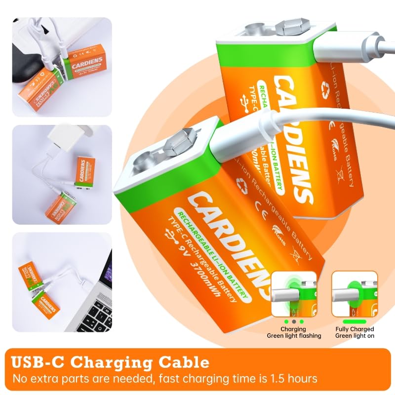 Cardiens Rechargeable 9V Batteries Usb 9 Volt Battery For Smoke Alarms 3700 Mwh 9V Lithium Battery With 2 In 1 Usb C Charging Ca