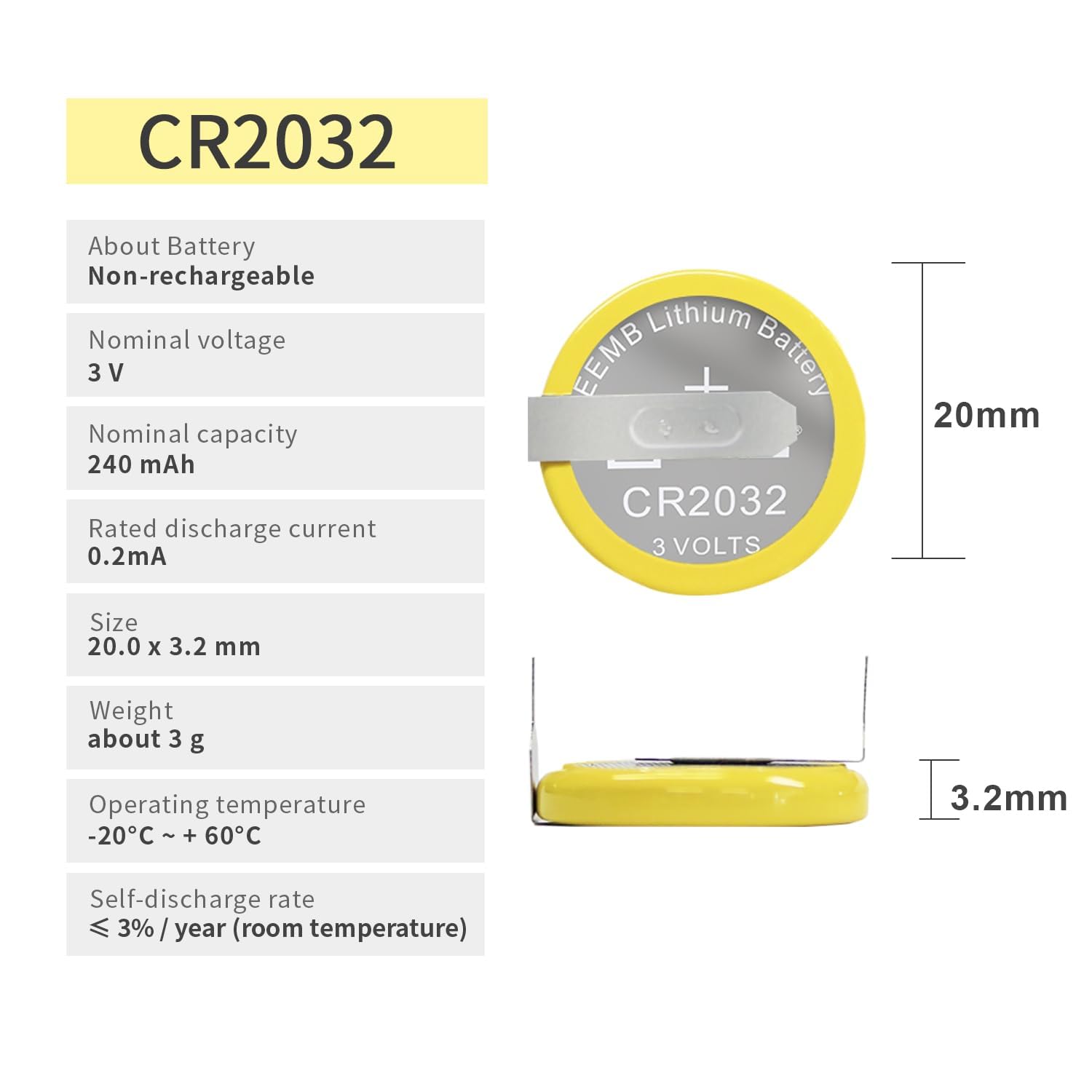 Eemb 10-Pack Tabbed Cr2032 Battery Cr2032 3V Lithium Battery With Solder Tabs 2032 Coin Cell Lithium Batteries For Sensor, Radio