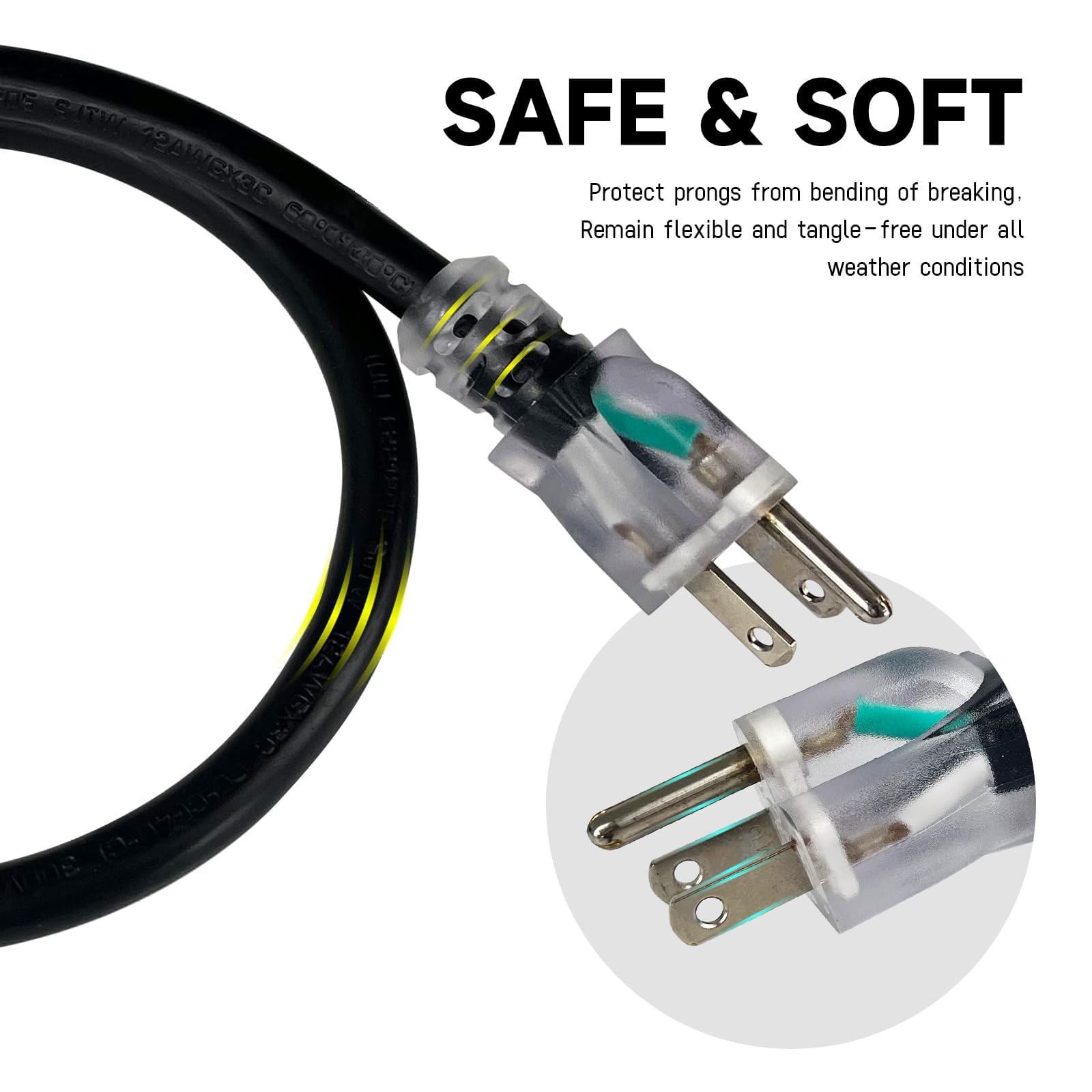 Ep 50 Ft Lighted Outdoor Extension Cord   10/3 Sjtw Heavy Duty Black Extension Cable With 3 Prong Grounded Plug For Safety, Ul L