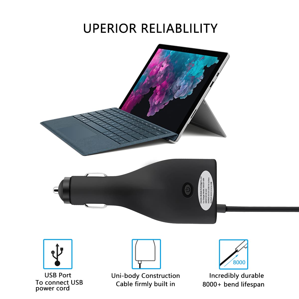 Surface Car Charger, 42W 12V 2.58A Power Supply For Microsoft Surface Pro 3/Pro 4/Pro 5/Pro 6, Surface Book, Surface Go, Surface