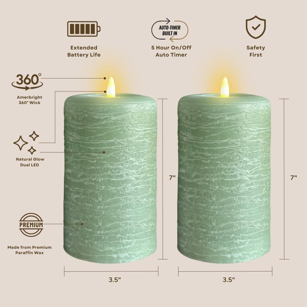 Lumipur Signature Natural Glow Flameless Wax Pillar 2 Pack Led Candle 3.5'' X 7'' Sage Green