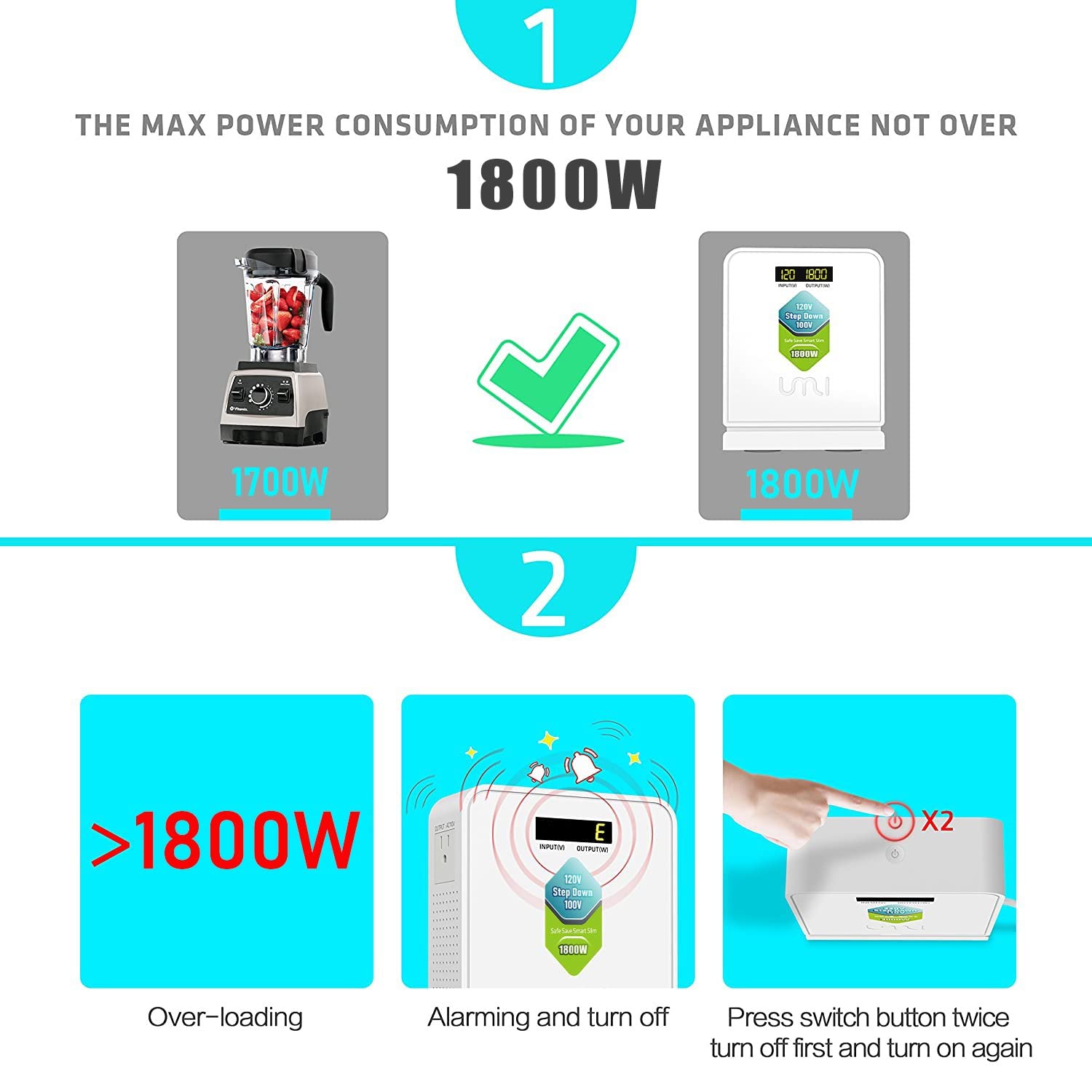 Umi 1800 Watt Voltage Converter Transformer   Heavy Duty Step Down Ac 120V To 100V Power Converter   For Japan Appliances Use In