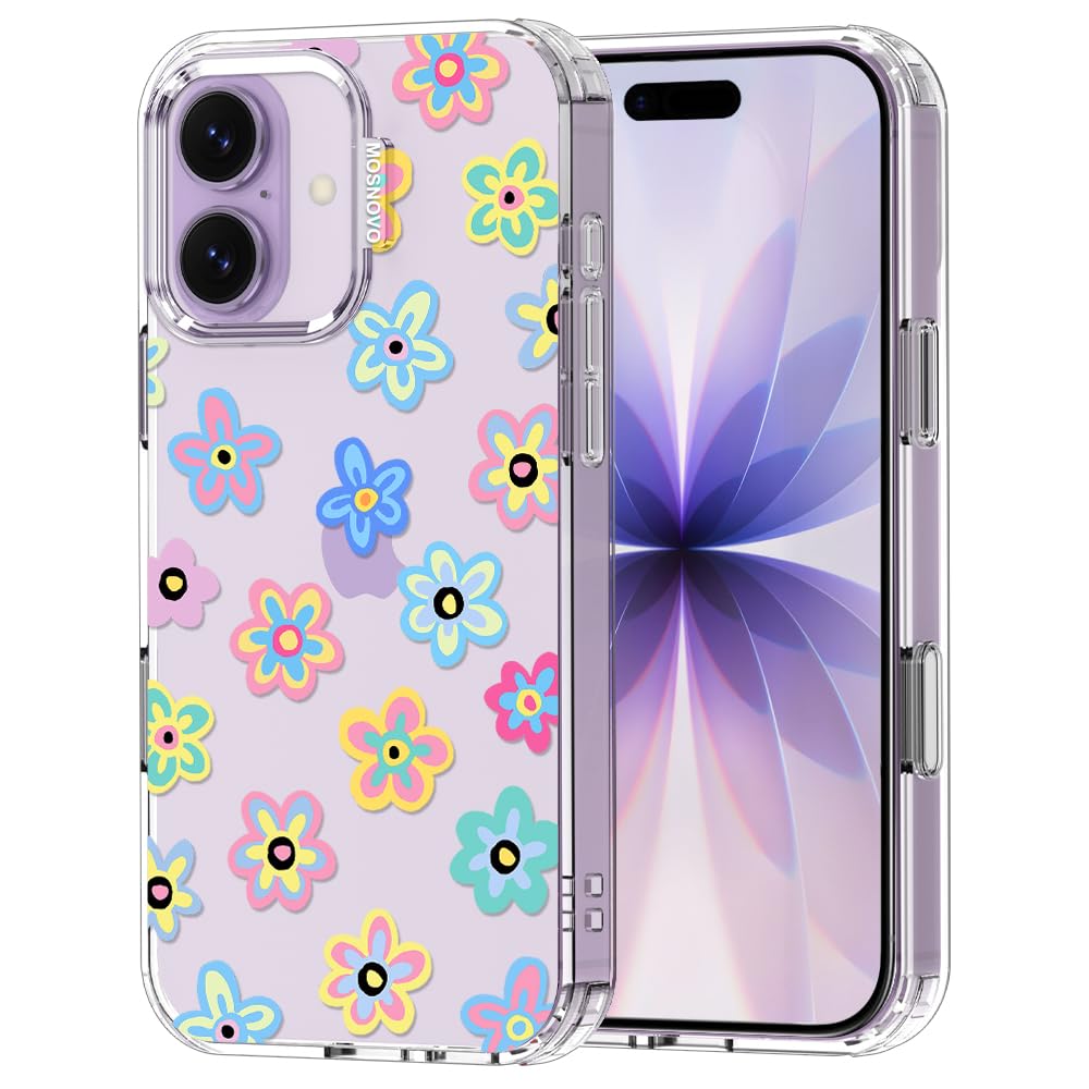 MOSNOVO for iPhone 17 Case | Military Grade 6.6ft Drop Tested | Camera Control | Clear with Groovy Flower Design
