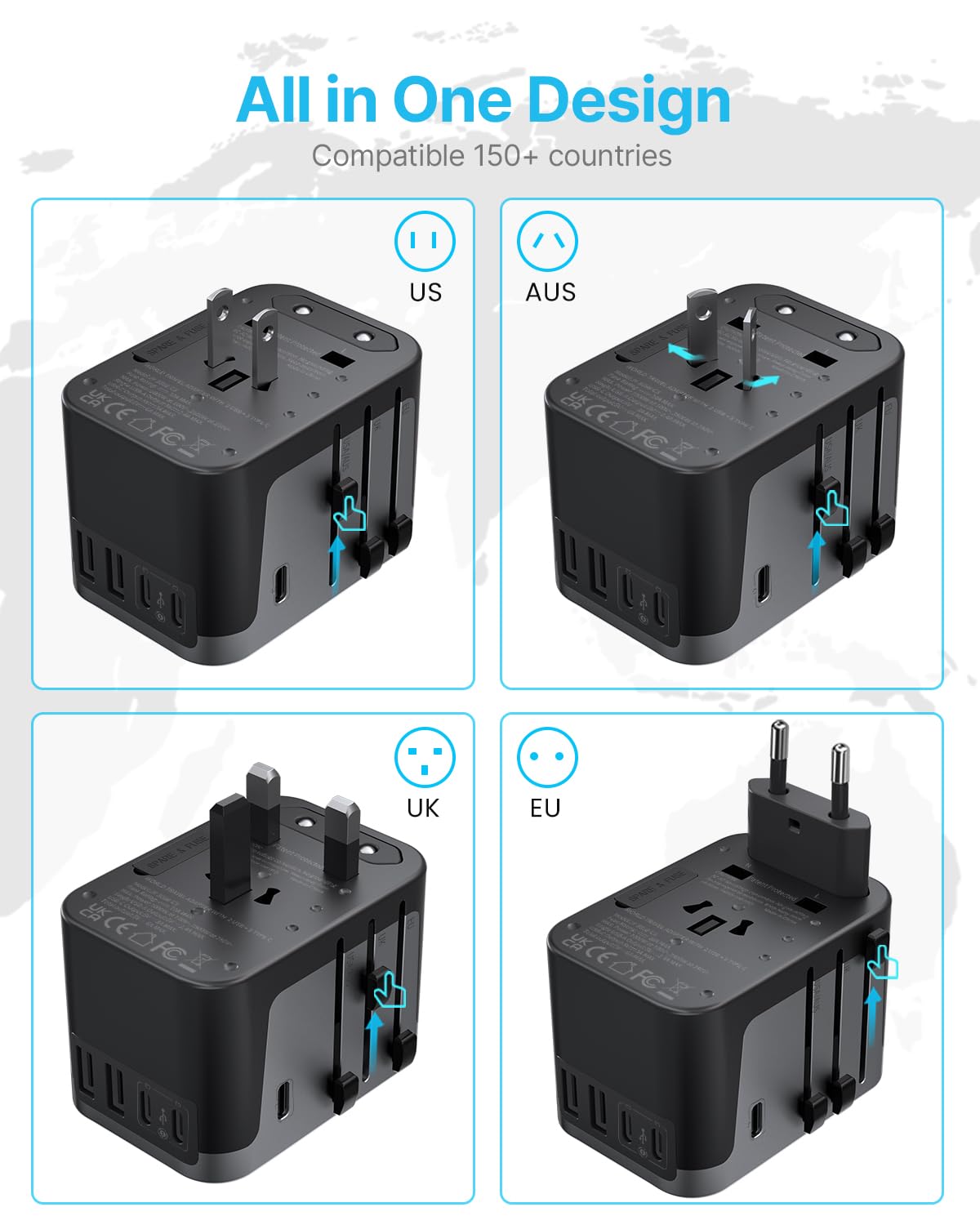Universal Travel Adapter, Vintar International Power Adapter With 6A 3 Usb C And 2 Usb Ports, All In One Travel Essentials Plug