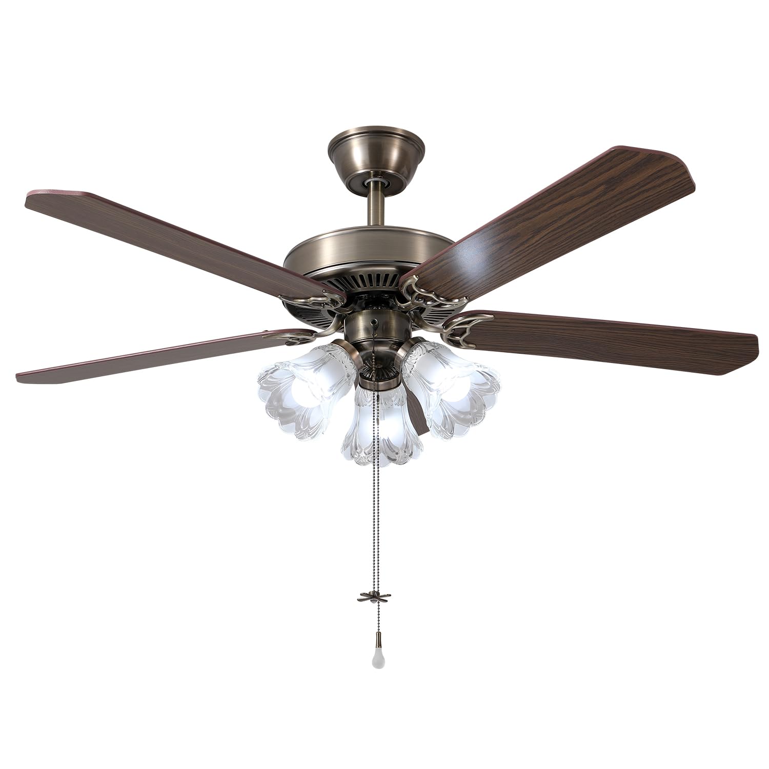 TWLITE 52 Inch Indoor Ceiling Fan with Pull-Chain and Three LED Light Bulbs Base, Traditional 3-Speeds Reversible Blades Ceiling