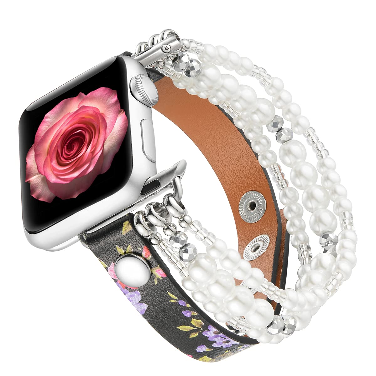 Fastgo Leather Wrap Bracelet Band Compatible With Apple Watch 44Mm 42Mm 45Mm 49Mm Women Girls,Elastic Beaded Pearl Bracelet Stra