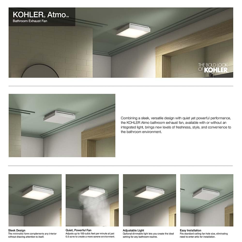 Kohler Atmo Bathroom Exhaust Fan With Light, Ceiling Vent For Bathroom, 13 7/8'' X 13 7/8''