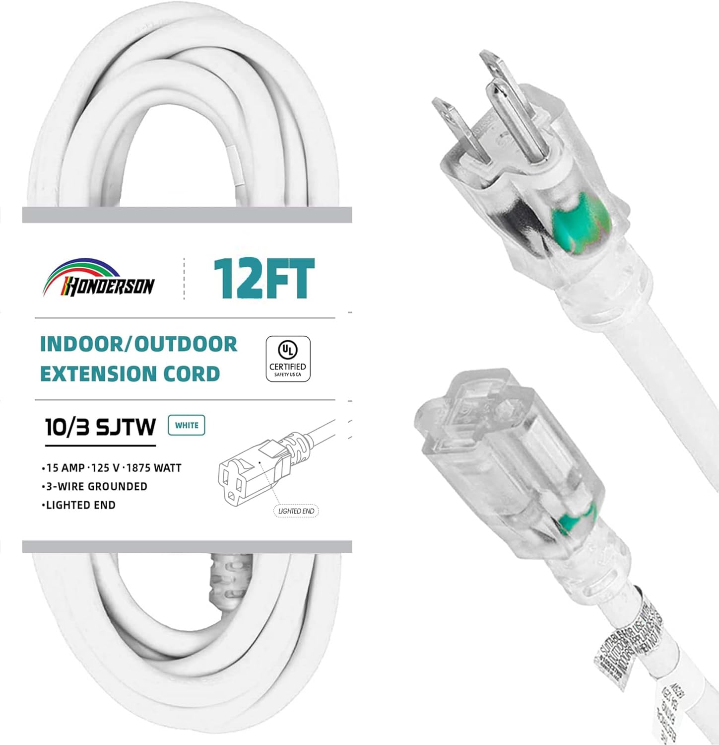 Honderson Indoor Outdoor Extension Cord Weatherproof With Lighted End, Ul Listed, 10 Gauge 12Ft White 3 Prong Heavy Duty Extensi