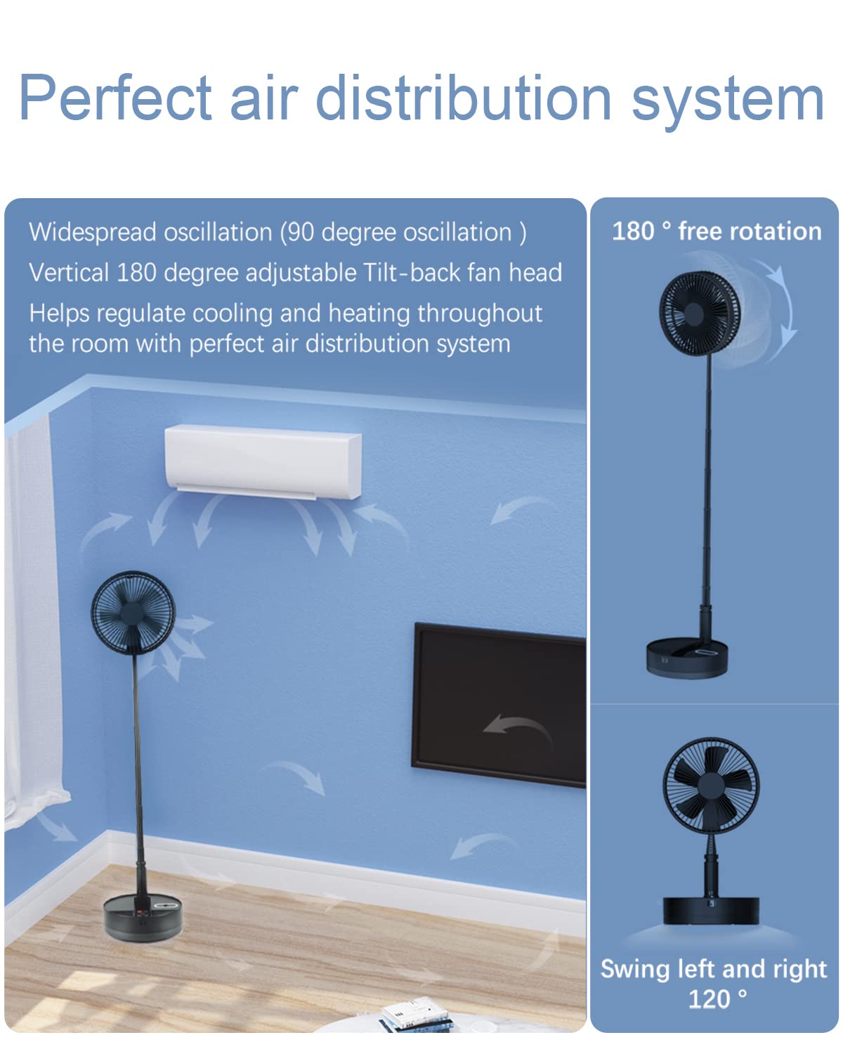 Un Unitedtime Foldable Fan Foldaway Oscillating With Remote Control, 10800Mah Battery Operated Fans, Portable For Outdoor, Court