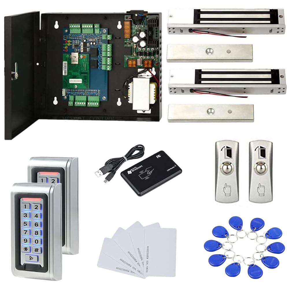Mengqi Control Waterproof Metal Keypad Reader Tcp/Ip 2 Doors Access Control Kit Outdoor Install Magnetic Lock Metal Exit Button 110V Power Box Rfid Cards/Key Fob(Phone App Remotely Open Door)