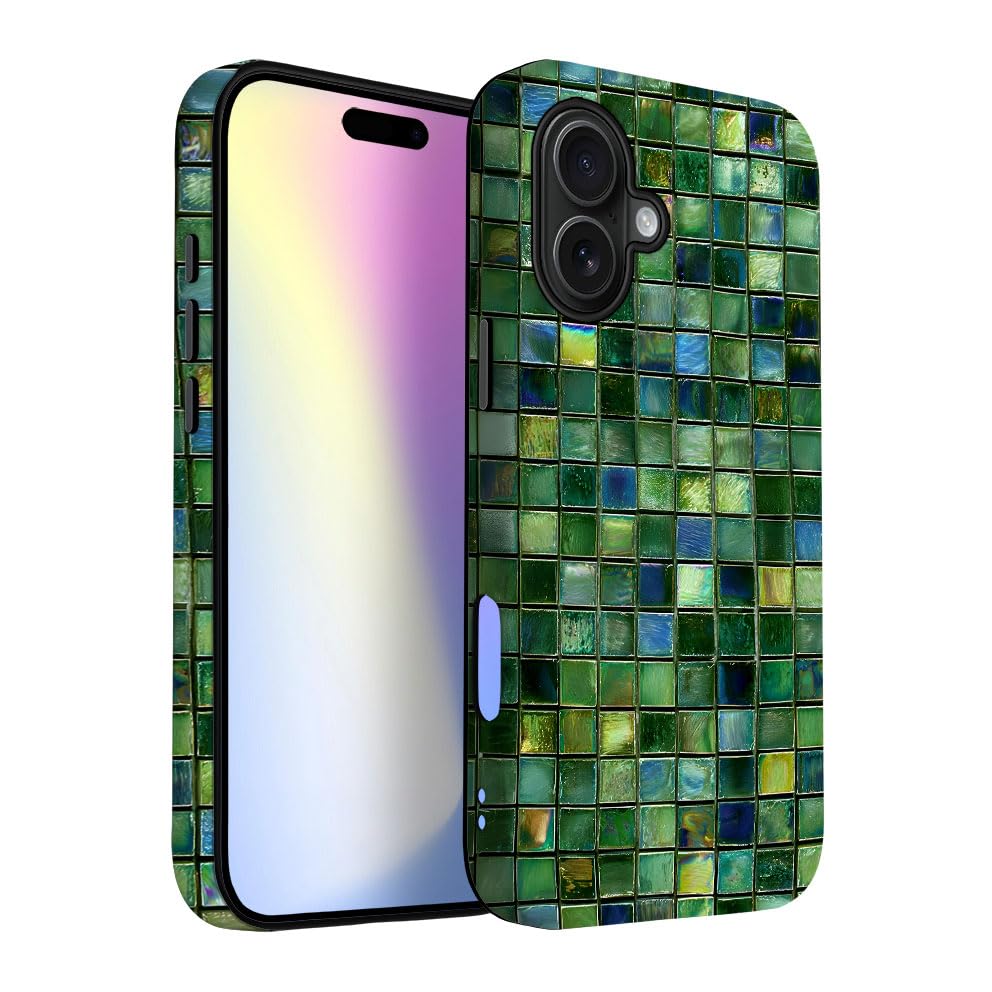 Yuzbira for iPhone 17 Case | Green Mosaic Tiles | Slim Drop Protection Design