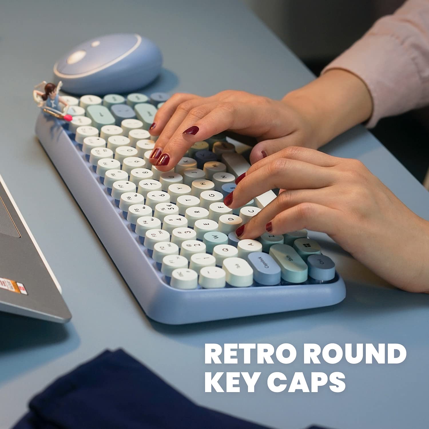 Perixx Periduo 713Bl Wireless Mini Keyboard And Mouse Combo   Retro Round Key Caps   Pastel Blue   Us English Layout (11909)