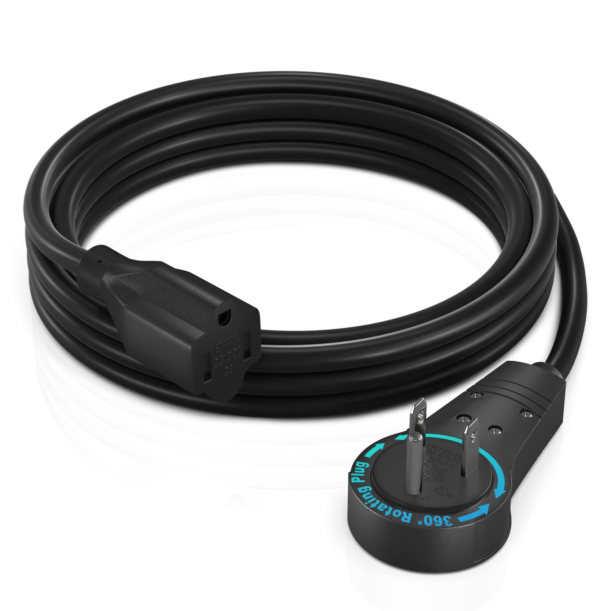 Maximm Cable 6 Feet 360� Rotating Flat Plug Extension Cord/Wire, 3 Prong Grounded Wire 16 Awg Power Cord   Black Ul Certified