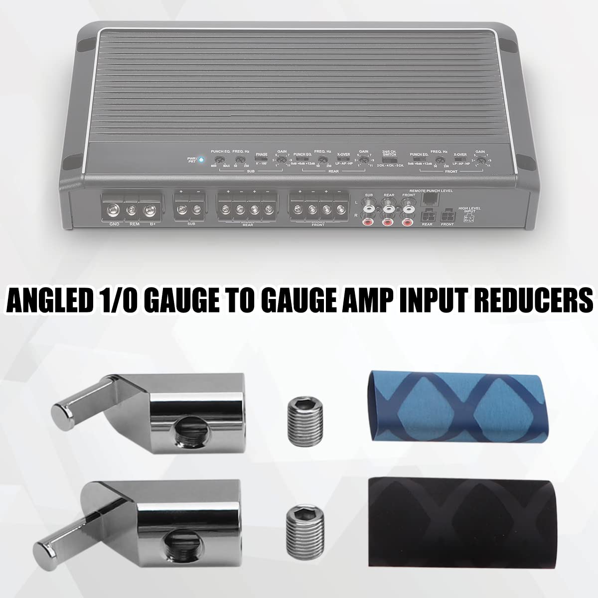 Urlwall 2Pcs Input Wire Gauge Reducer, Offset Angled 1/0 Gauge To 4 Gauge Amp Input Reducers, Car Audio Power/Ground Input Reduc