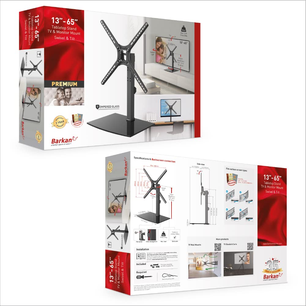 Barkan Tabletop Tv Mount, 13 65 Inch Swivel & Tilt Flat/Curved Tv Stand Base, Holds Up To 36Kg, Patented, Tempered Glass, Fits Led Oled Lcd