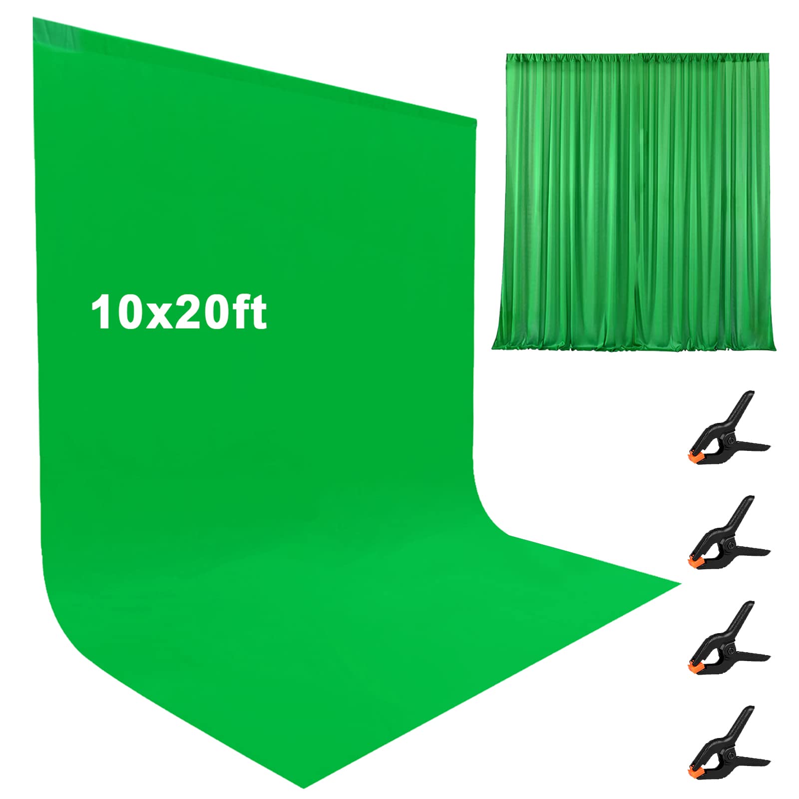 10X20Ft Large Green Screen Backdrop For Photography, Lcuirc Two Rod Pocket Chromakey Collapsible Green Polyester Curtain With 4