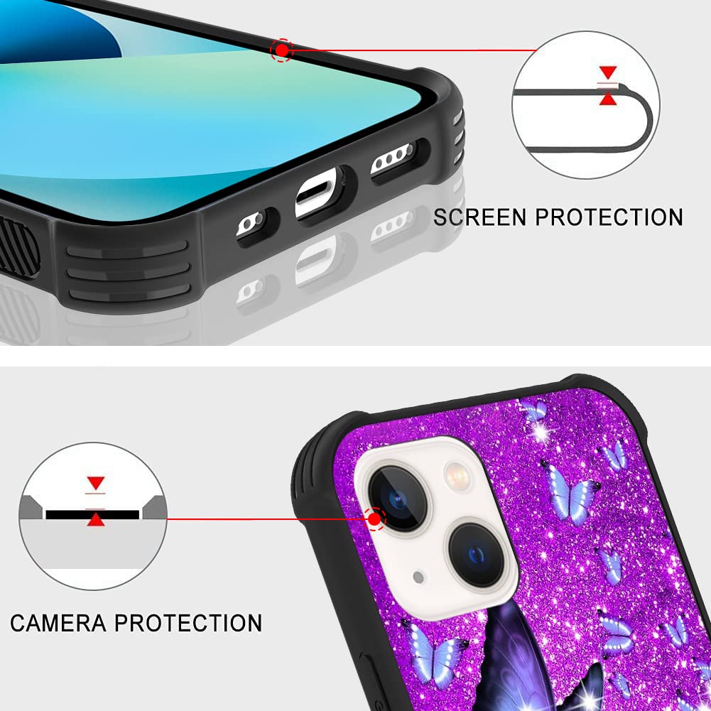 Ziye Designed For Iphone 13 Case Purple Butterfly Hard Lanyard Case With Phone Ring Holder,Full Body Protection Shockproof Drop