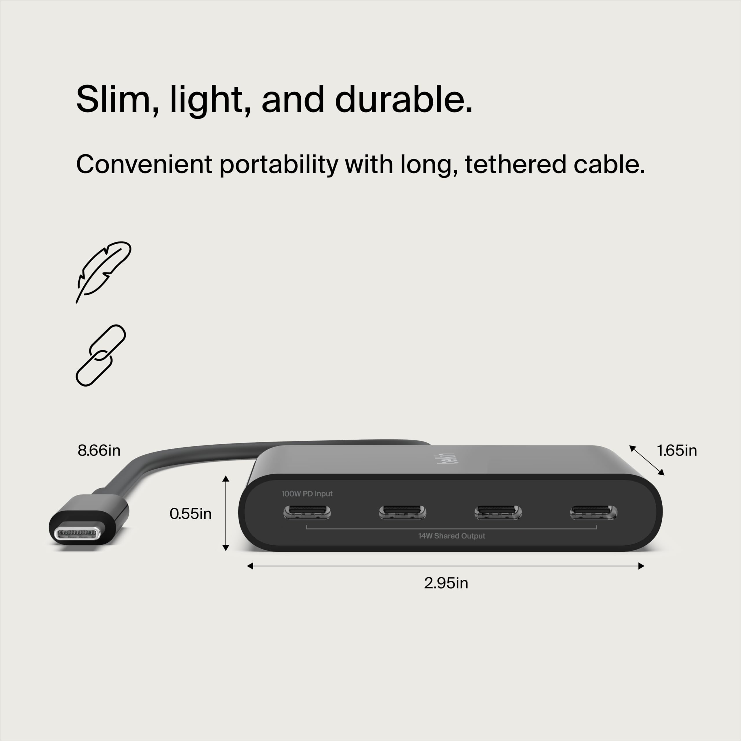 Belkin USB-C 4-Port Hub, 100W PD, 10Gbps Data Transfer, Black, Model AVC018btBK