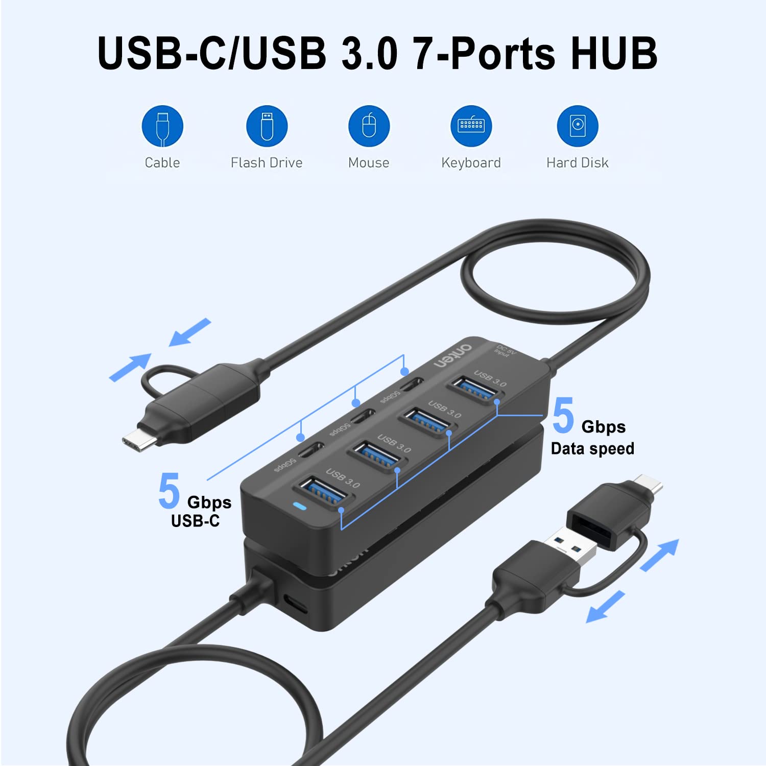 Onten Usb C Hub,7 Ports Usb3.0 To Usb C Hub With A Usb C To Usb 3.0 Adapter. 3.2Ft Cable 4*Usb3.0 Ports,3*Usb C Ports Forthunderbolt 3/4 Macbook Surface Pro And More Usb/Usb C Devices