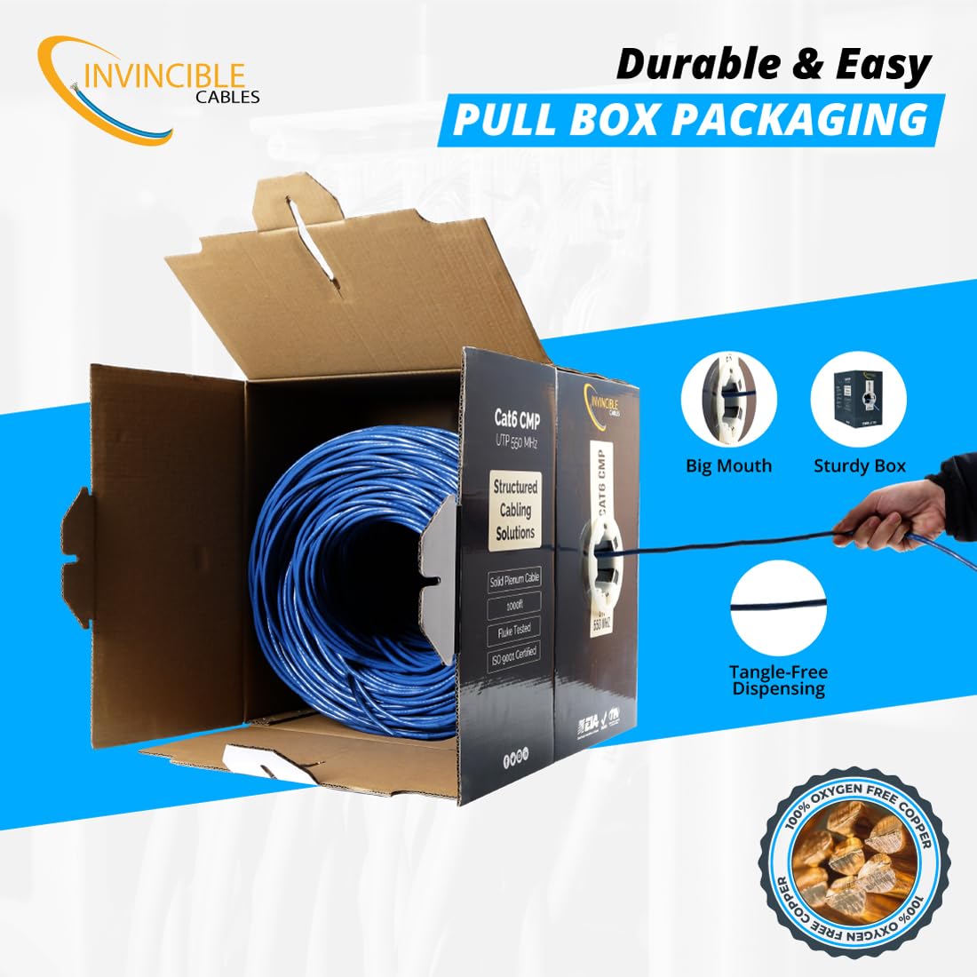 Cat6 Plenum (Cmp) 1000Ft Cable | 0.57Mm 100% Solid Copper, 550 Mhz, 23Awg, 4 Pair, Utp | Fluke Dsx 8000 Tested Up To 100M | Poe,