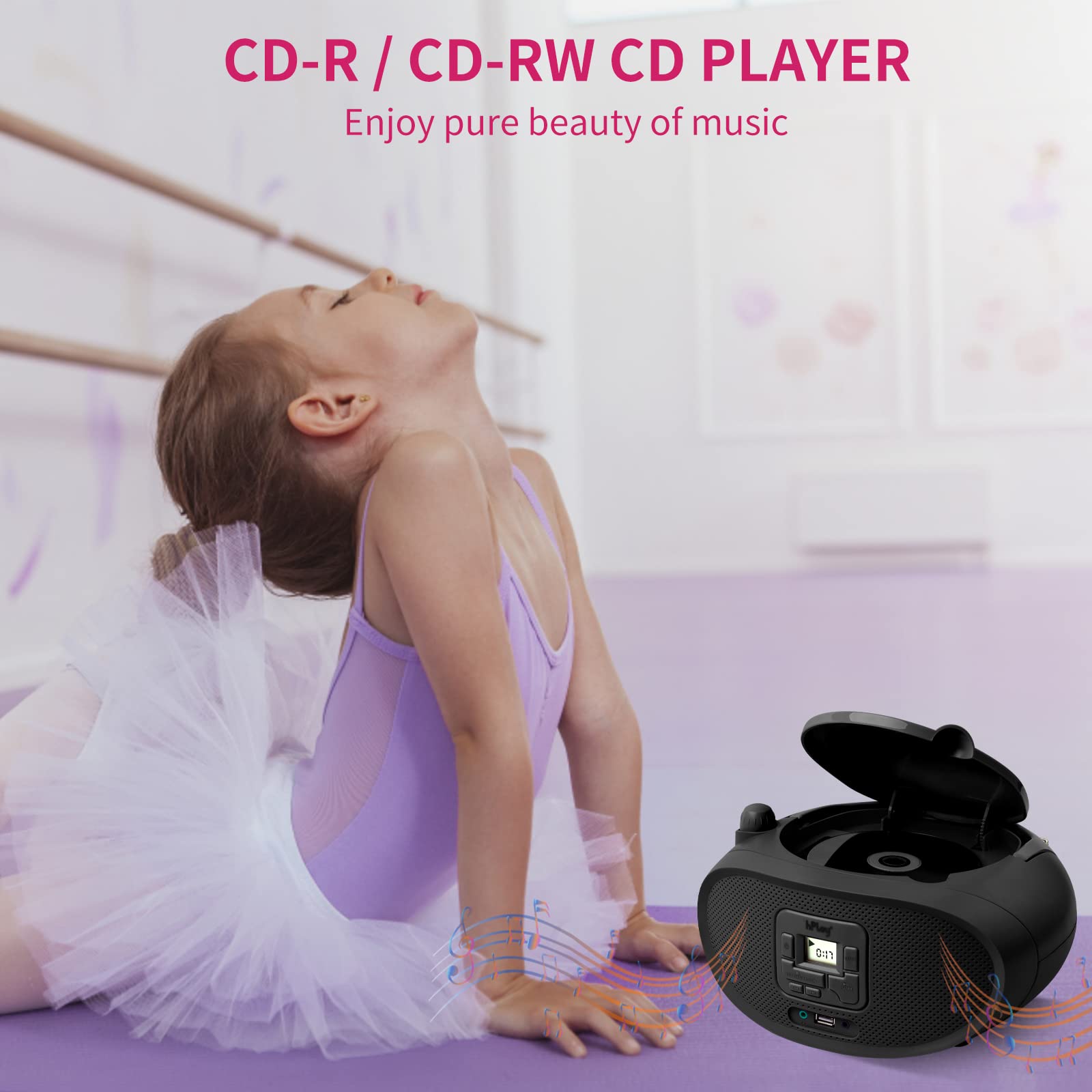 Hplay Gummy Gc04B Portable Cd Player Boombox With Digital Tunning Fm Stereo Radio Kids Cd Player Bluetooth Usb Lcd Display, Fron