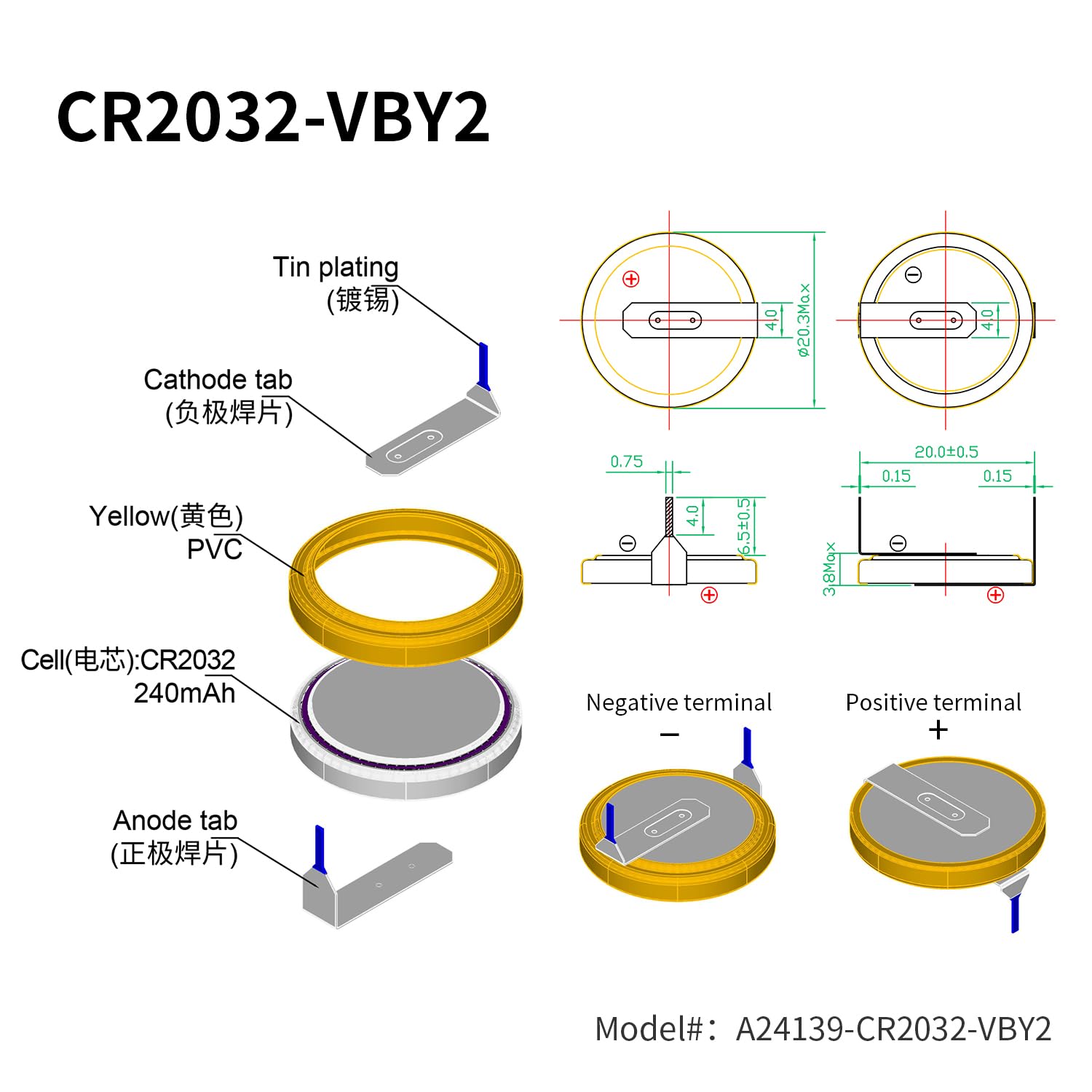 Eemb 10-Pack Tabbed Cr2032 Battery Cr2032 3V Lithium Battery With Solder Tabs 2032 Coin Cell Lithium Batteries For Sensor, Radio