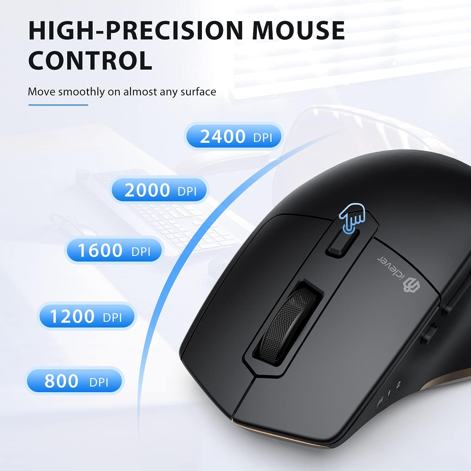 Iclever Bluetooth Mouse, Wireless Dual Device Mouse With 5 Adjustable Dpi, 6 Buttons, Rechargeable, Ergonomic Design For Laptop,