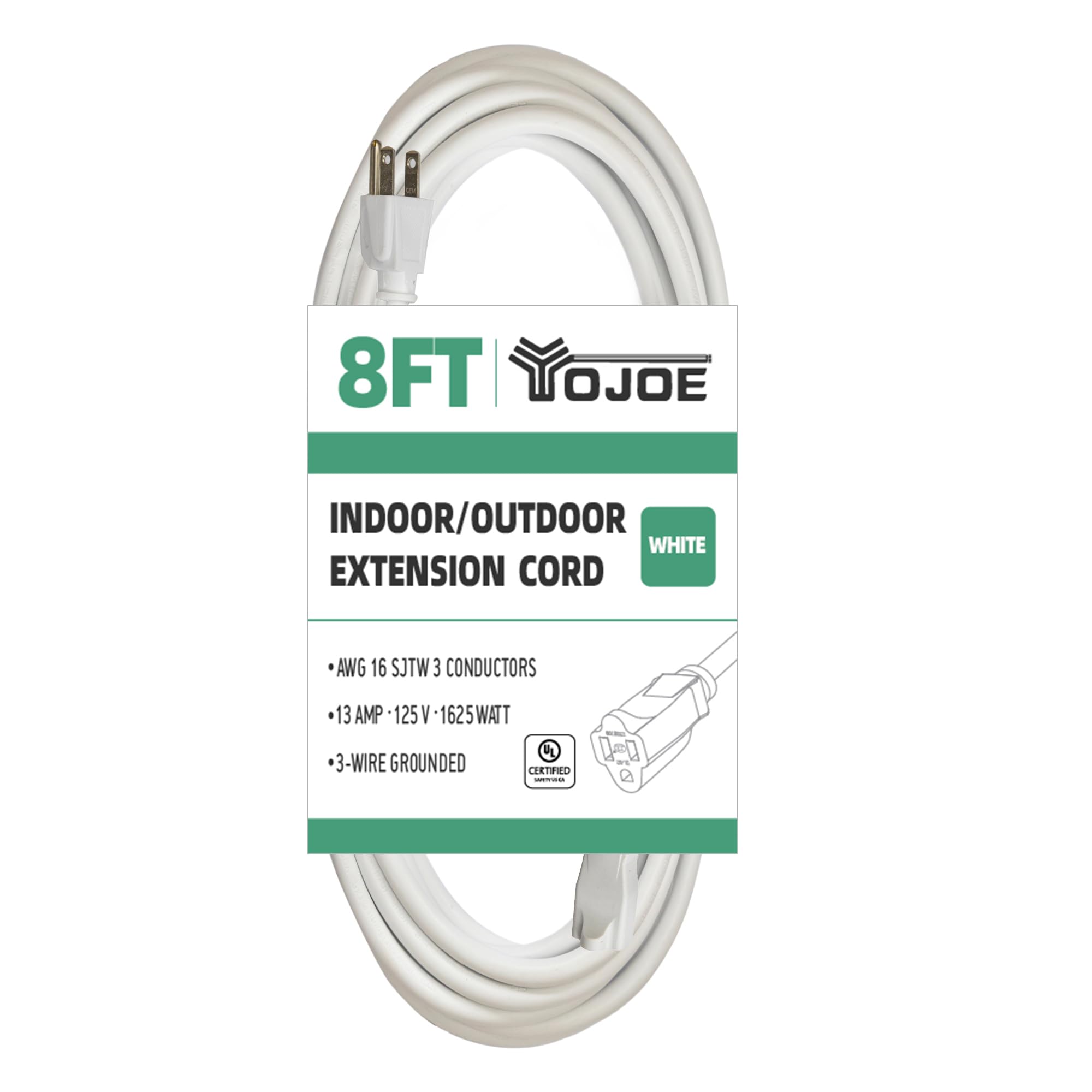 Yojoe Indoor Outdoor Extension Cord, 3 Prong 13A Weatherproof Power Extension Cord, 16 Gauge Heavy Duty 8 Ft White Extension Cor
