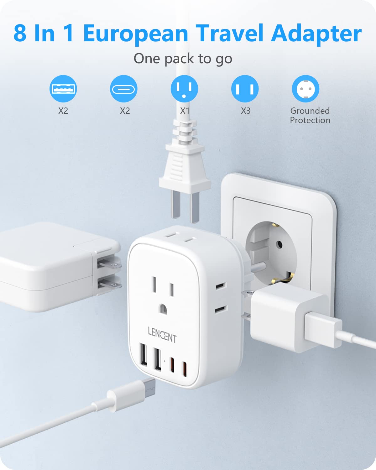 Lencent 3 Pack Germany France Travel Power Adapter, Schuko Type E/F Power Plug Adaptor With 4 Usb Ports(2 Type C),4 Outlet Conve