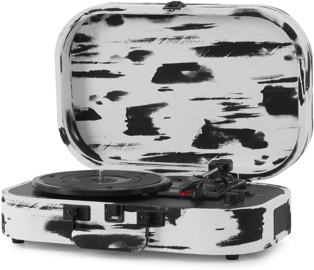 Crosley CR8009B-BW Discovery Vintage Bluetooth in/Out 3-Speed Belt-Driven Suitcase Vinyl Record Player Turntable, Black & White