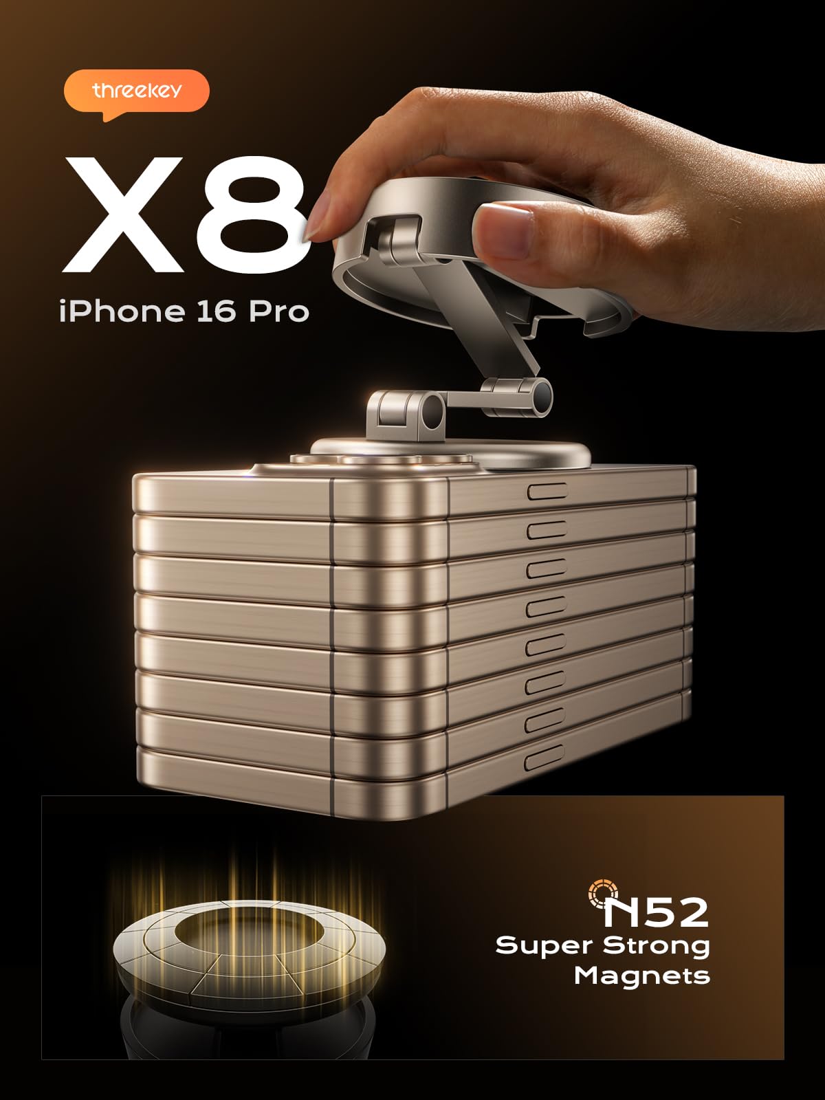 Threekey For Magsafe Car Phone Mount, Magnetic Phone Holder For Car With Metal Arm & 360Rotation, Strong Magnets Car Phone Holde