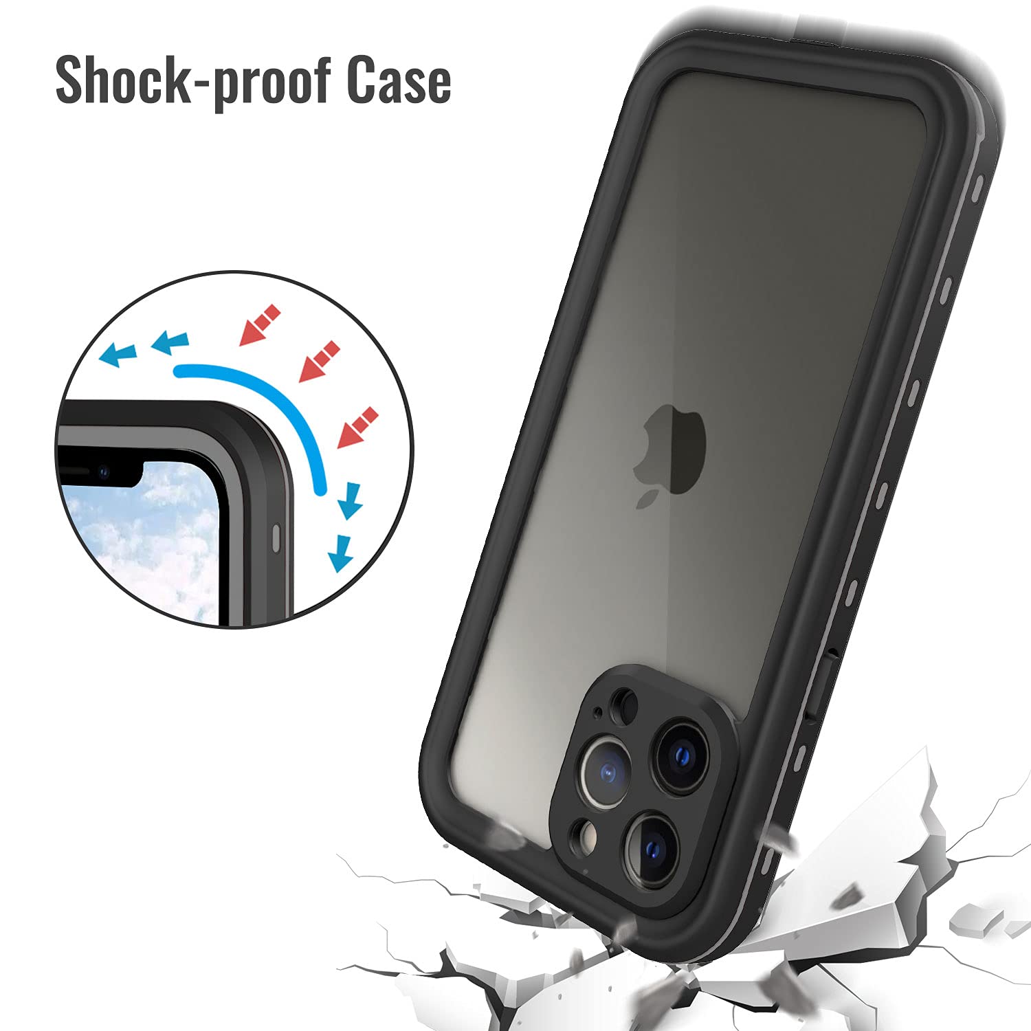 Transy Iphone 13 Pro Waterproof Case   6.1 Inch Full Body, Shockproof, Dustproof With Lanyard (Black)