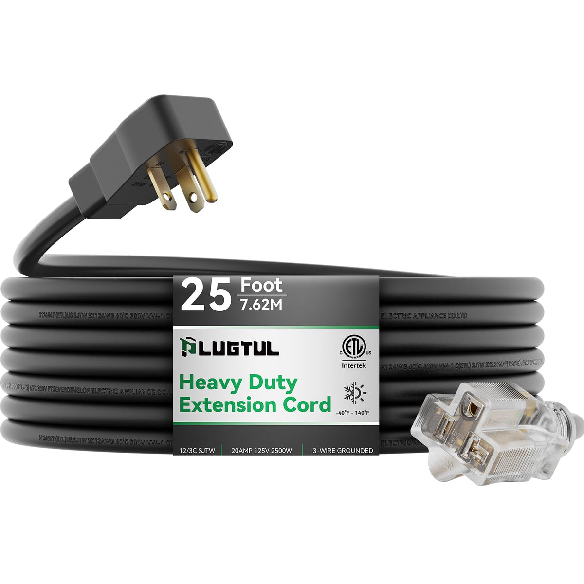 Plugtul 20Amp Extension Cord 25Ft, Nema 5 20 Heavy Duty Extension Cord, Lighted End, 12Gauge, Sjtw, 20Amp 125V 2500W, Black
