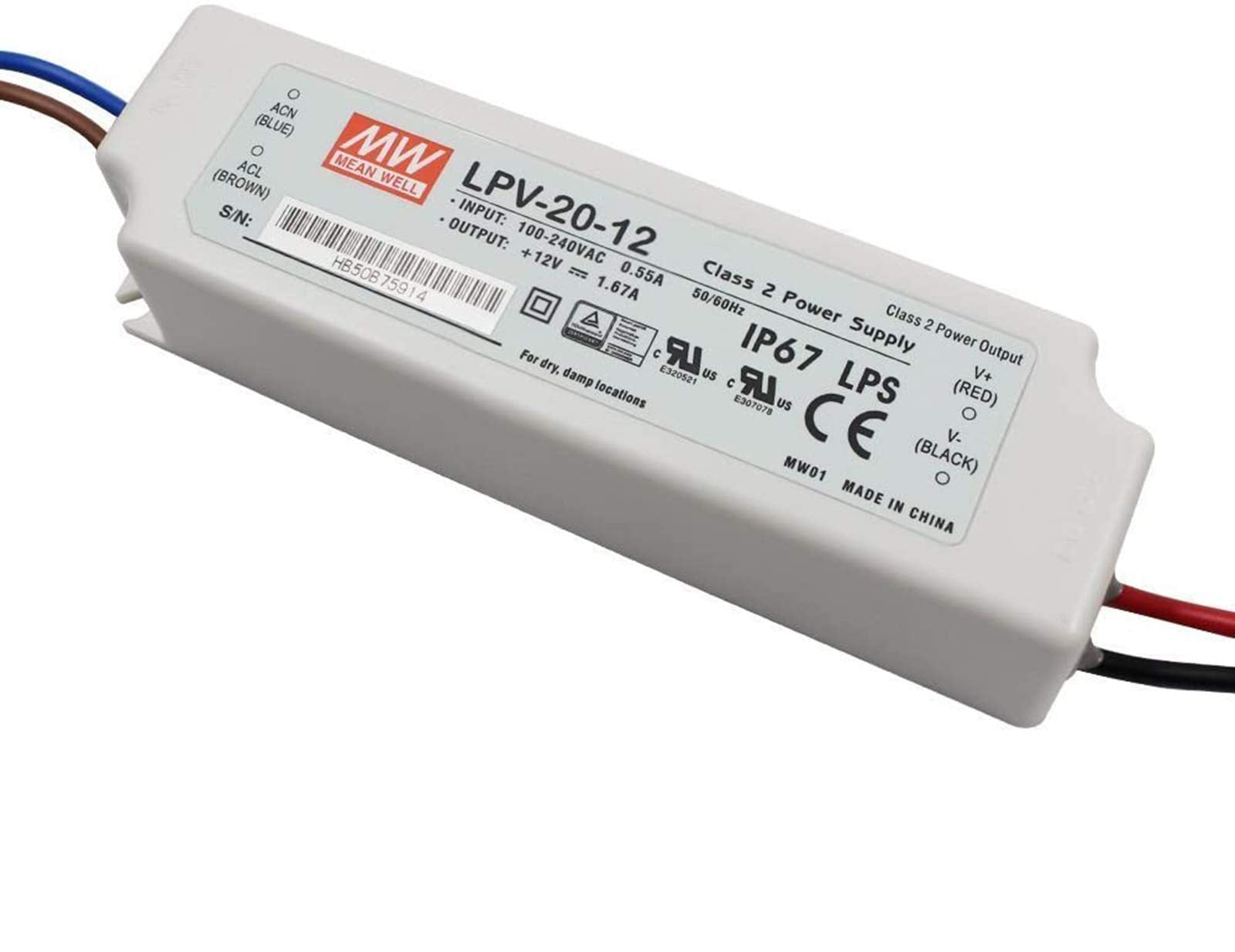 Ul Certified Mean Well Lpv Series Power Supply Driver Transformer Lpv 20 12 Water Proof 12V Output Voltage 20 Wattage