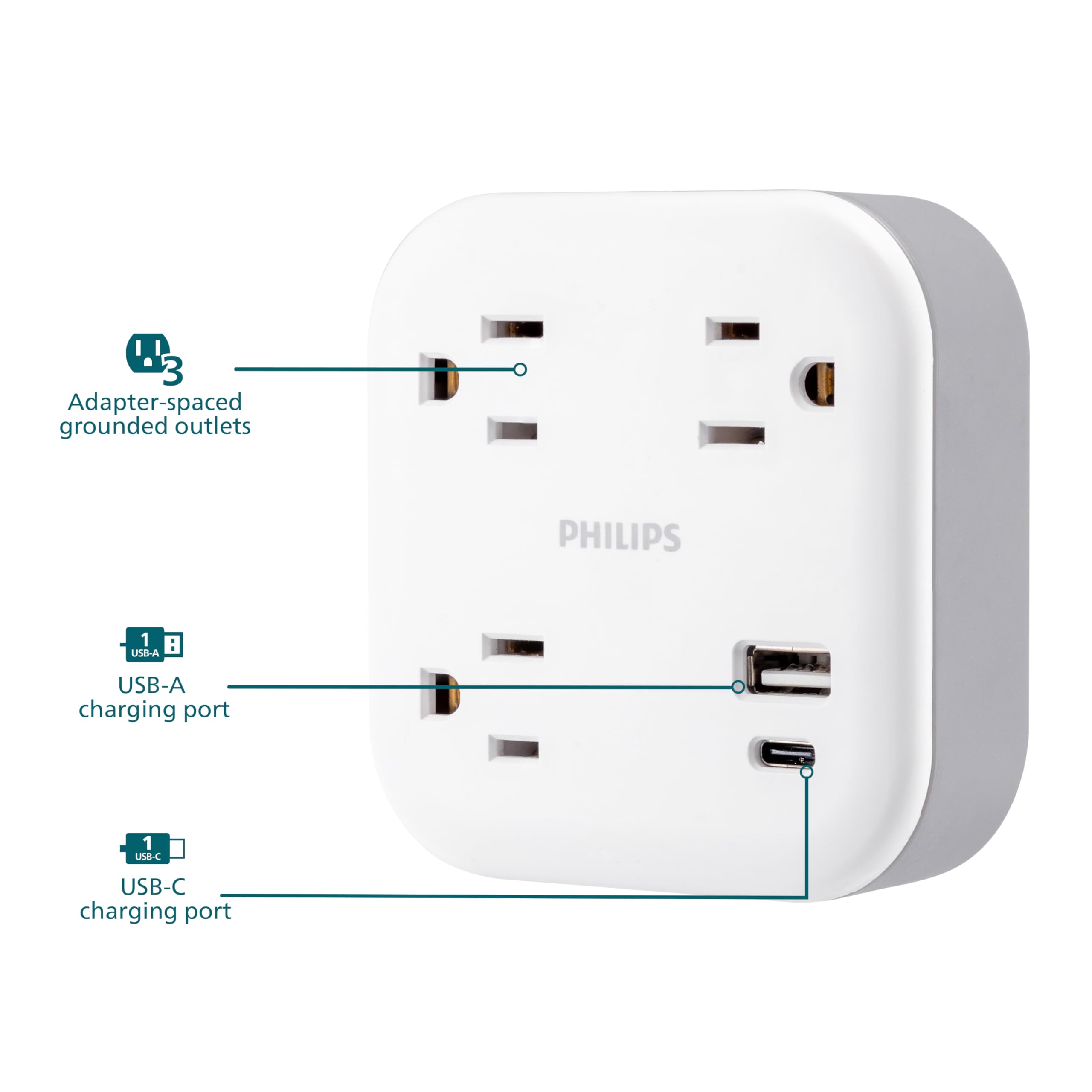 Philips 3 Outlet Surge Outlet Extender With Usb, 1 Usb A, 1 Usb C, 12W, 980J, White   Spp9393W/37