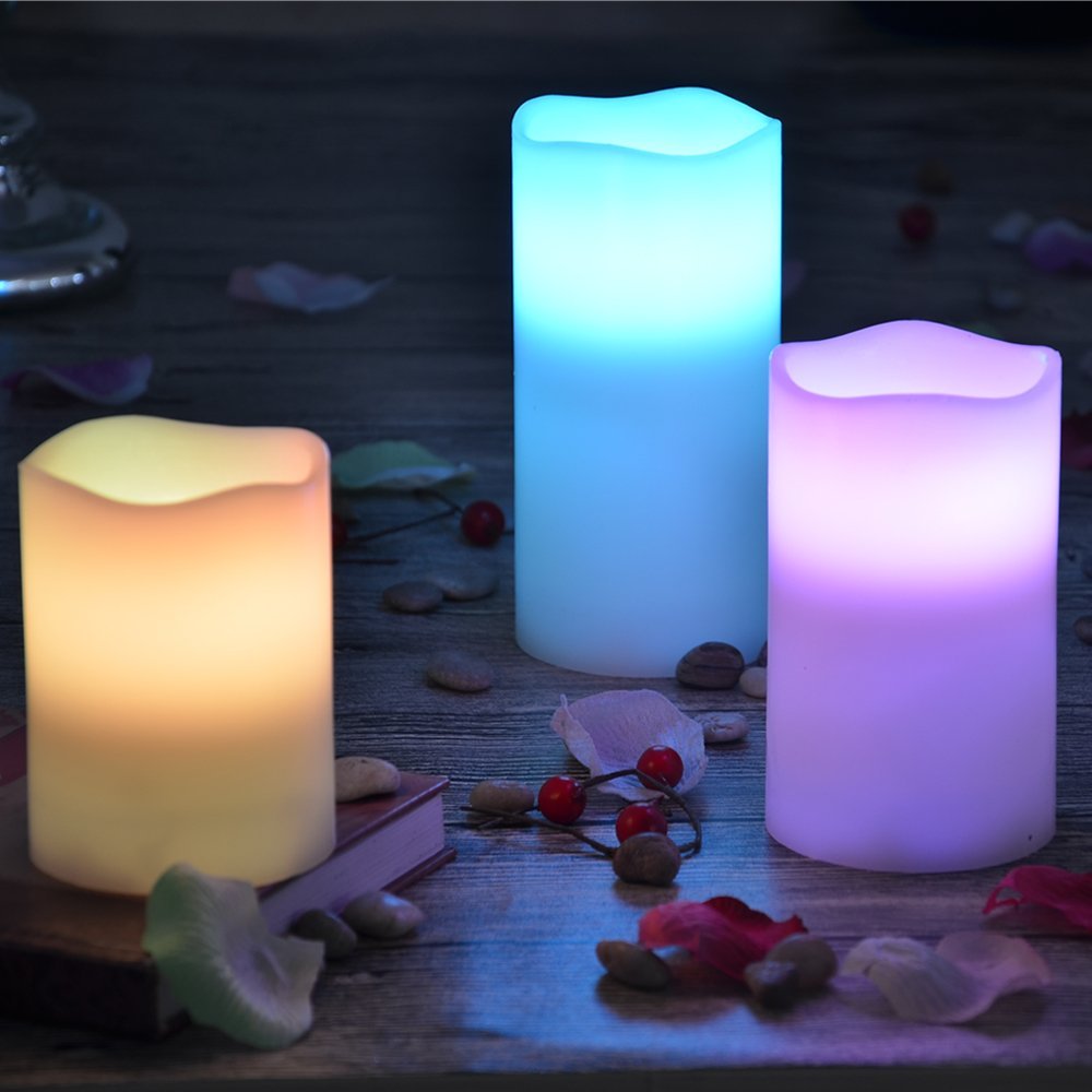 Yakii 3 Pack Color Changing Flameless Candles Real Wax Outdoor With Timer Battery Operated Candles Led Candles With Remote Contr