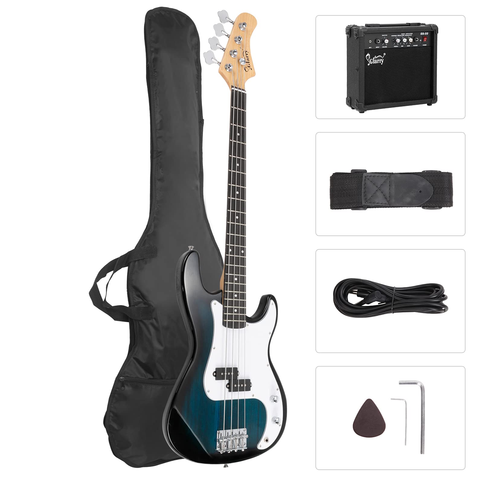 Glarry Full Size Electric Bass Guitar With 20W Amp, 4 String Beginner Starter Kit With Accessories Including Cable, Strap, Bag F