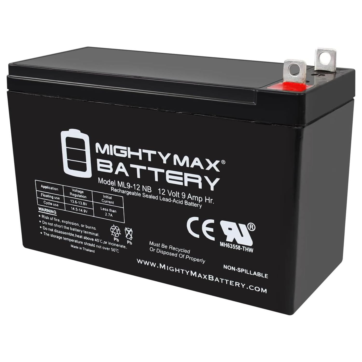 Mighty Max Battery ML9-12NB 12V 9AH SLA AGM Rechargeable Battery Nut and Bolt Terminal Black