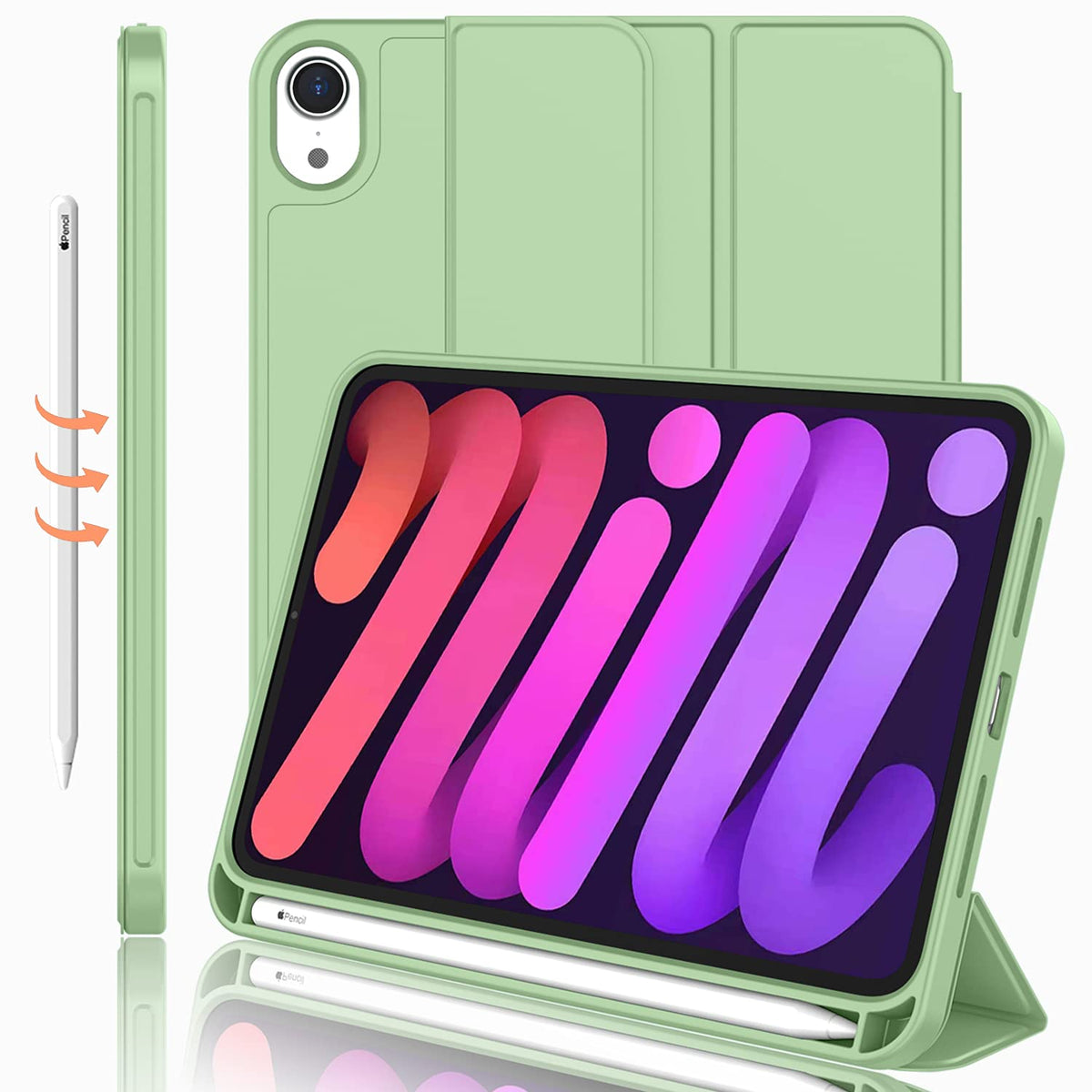 Imieet Ipad Mini 7 Case 2024 (A17 Pro), Ipad Mini 6 Case (8.3 Inch,2021 Model), Ipad Mini 7Th/6Th Generation Case With Pencil Holder, Trifold Stand Smart Case With Soft Tpu Back,Matcha Green