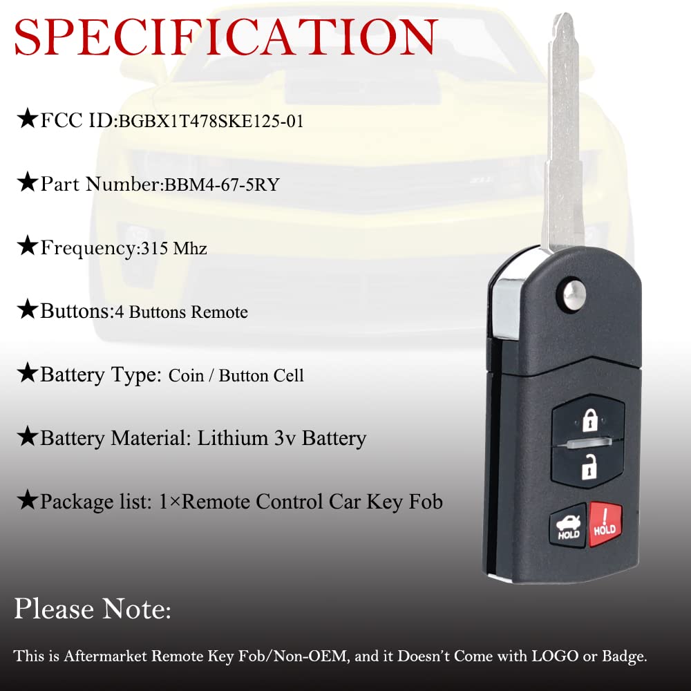 Key Fob Remote Replacement Fits For Mazda Mx 5 Miata 2006 2007 2008 2009 2010 2011 2012 2013 2014 2015//Mazda 3 2010 2013/Mazda