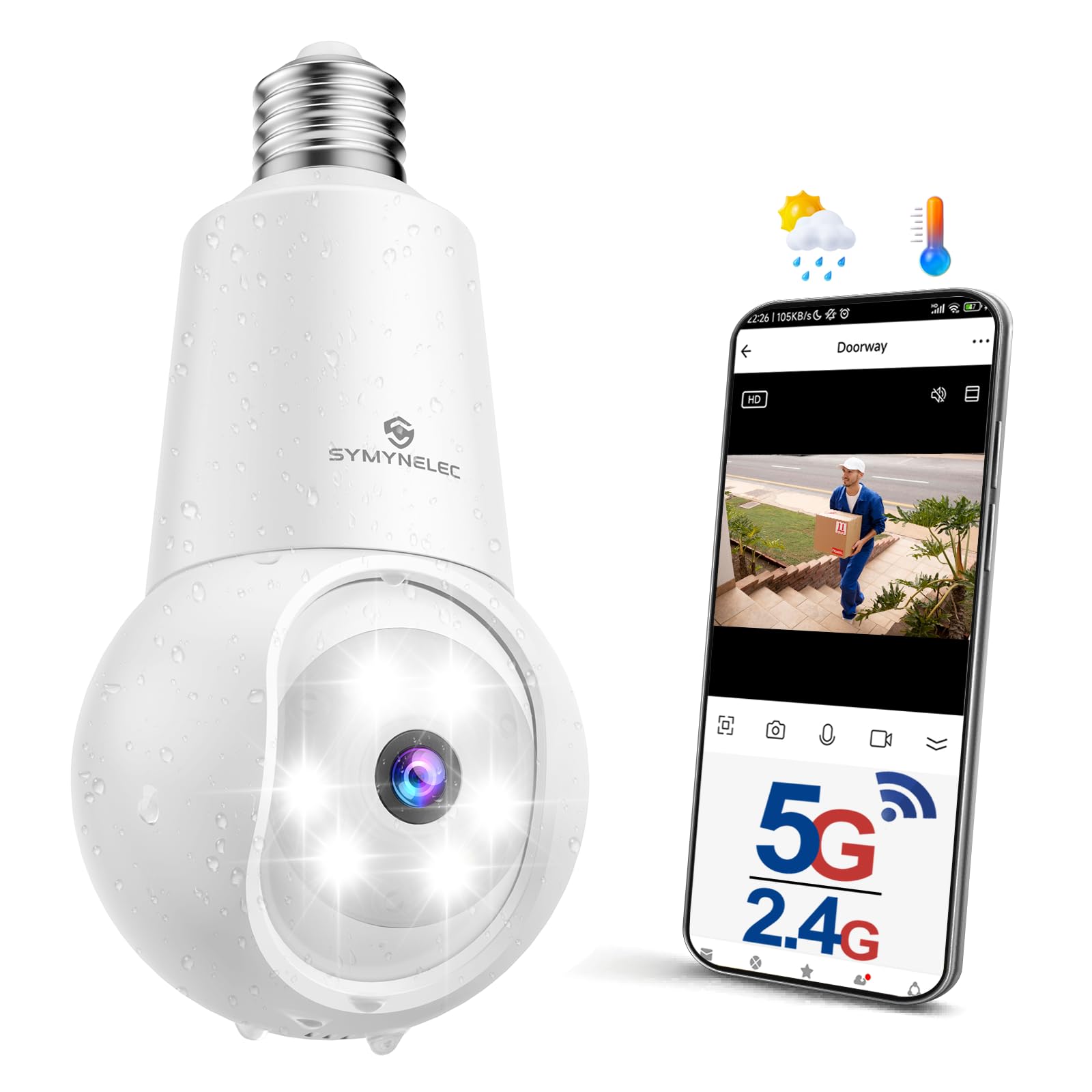 Symynelec 2.5K 5Ghz/2.4Ghz Light Bulb Security Camera Outdoor, Dual Band Wifi Light Socket Camera With Ai Human Detection Motion