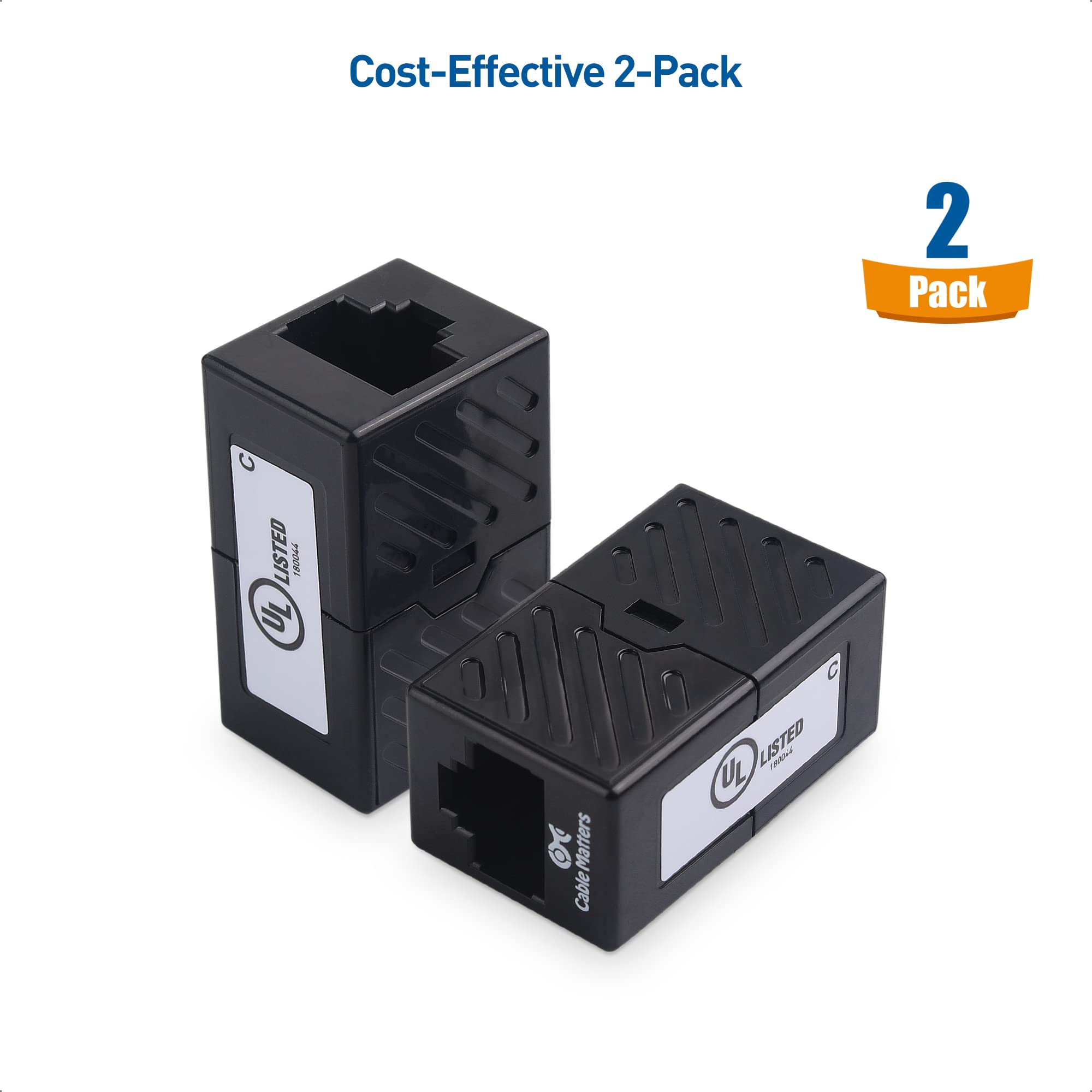 [UL Listed] Cable Matters 2 Pack 10Gbps Cat 6 Ethernet Coupler (RJ45 Coupler, Cat6 Coupler, Ethernet Extender Adapter) in Black, Compatible with Cat6A, Cat5e