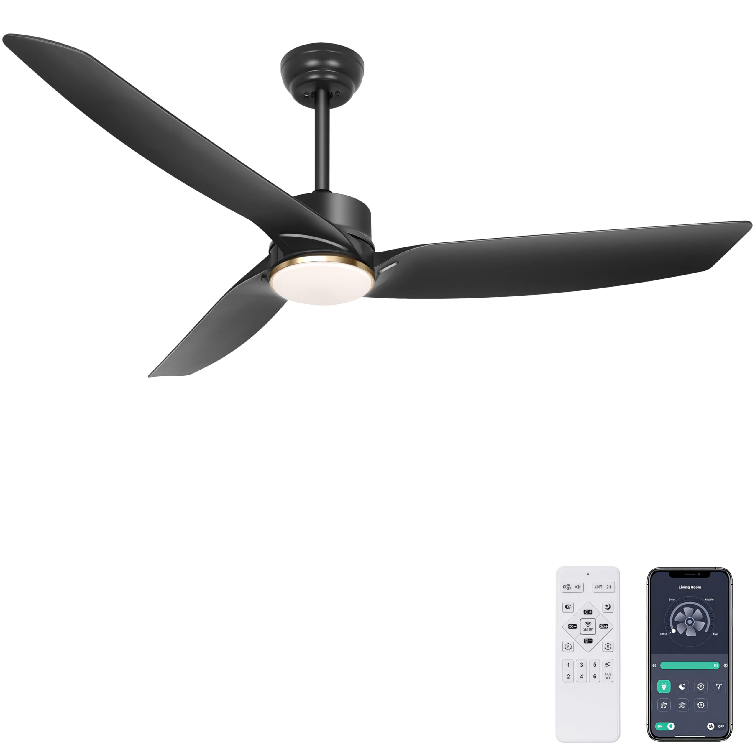 Ohniyou 56 Inch Black Ceiling Fan with Lights, Modern 3 Blades Ceiling Fan with Remote/APP Control, Reversible DC Motor, Dimmabl