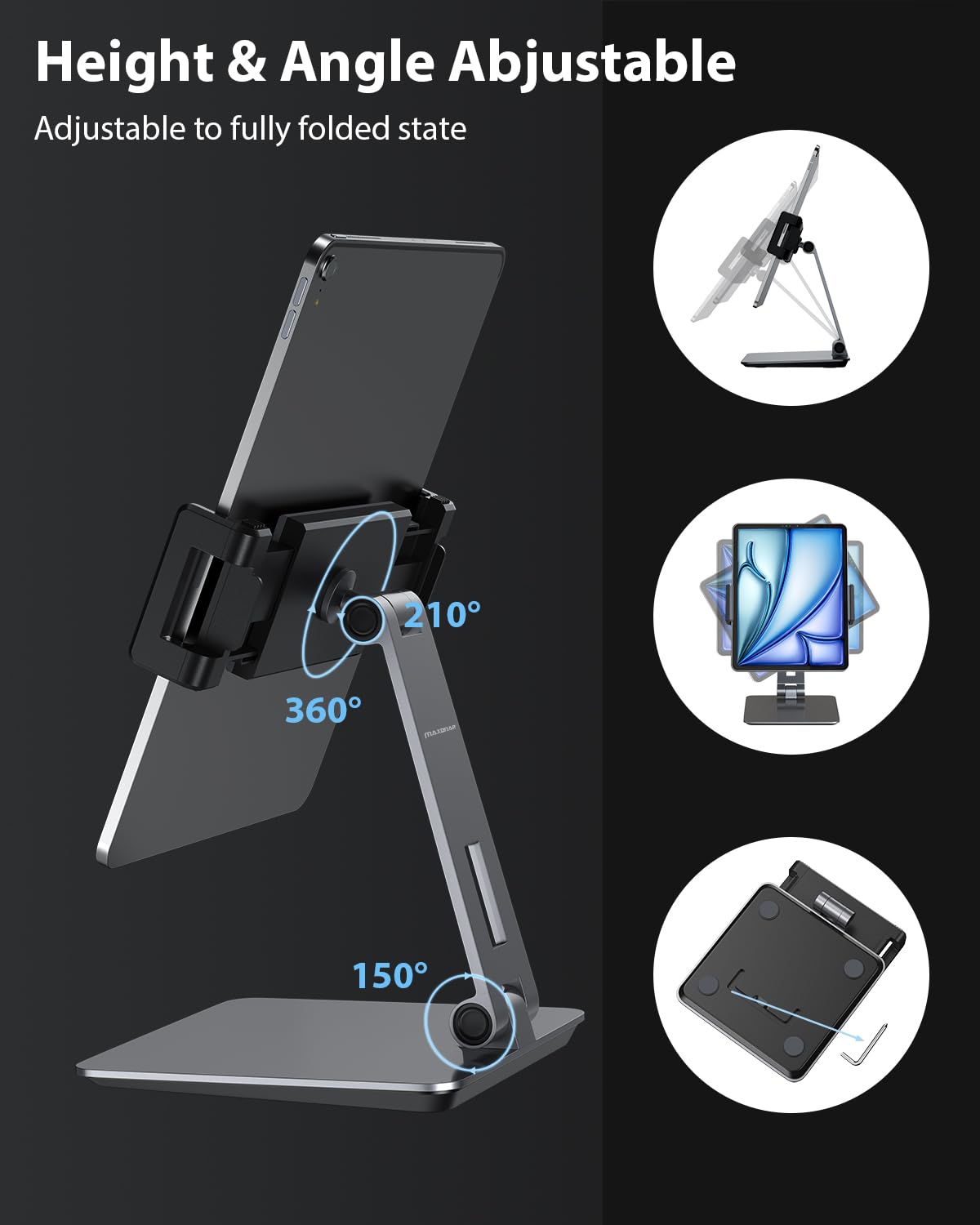 Maxonar Ipad Stand Holder, Heavy Duty Aluminum Alloy Tablet Stand, 360� Swivel Foldable Ipad Pro Air Charging Stand Holder For Desk Bed Store Pos Showcase Reception Kitchen Office (6 13''), Grey