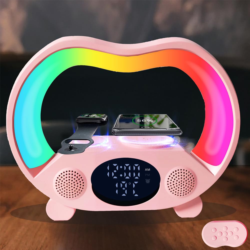 IHAO 6in1 Wireless Charging Station with Bluetooth Speaker Time&Temperature Display Alarm Clock 7-Color LED Night Lights Fast Ch