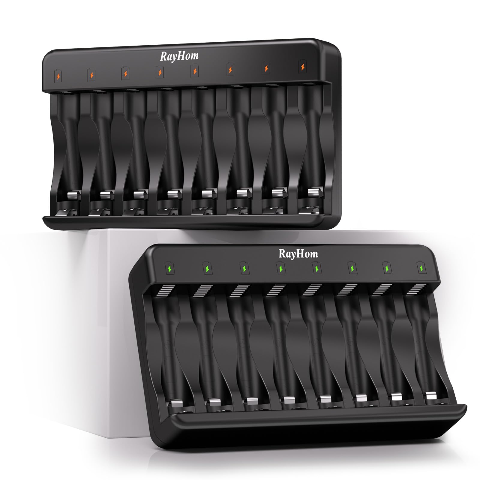 Rayhom Aa Aaa Battery Charger 2 Pack   8 Bay Smart Individual Charger For Ni Mh Ni Cd Rechargeable Batteries