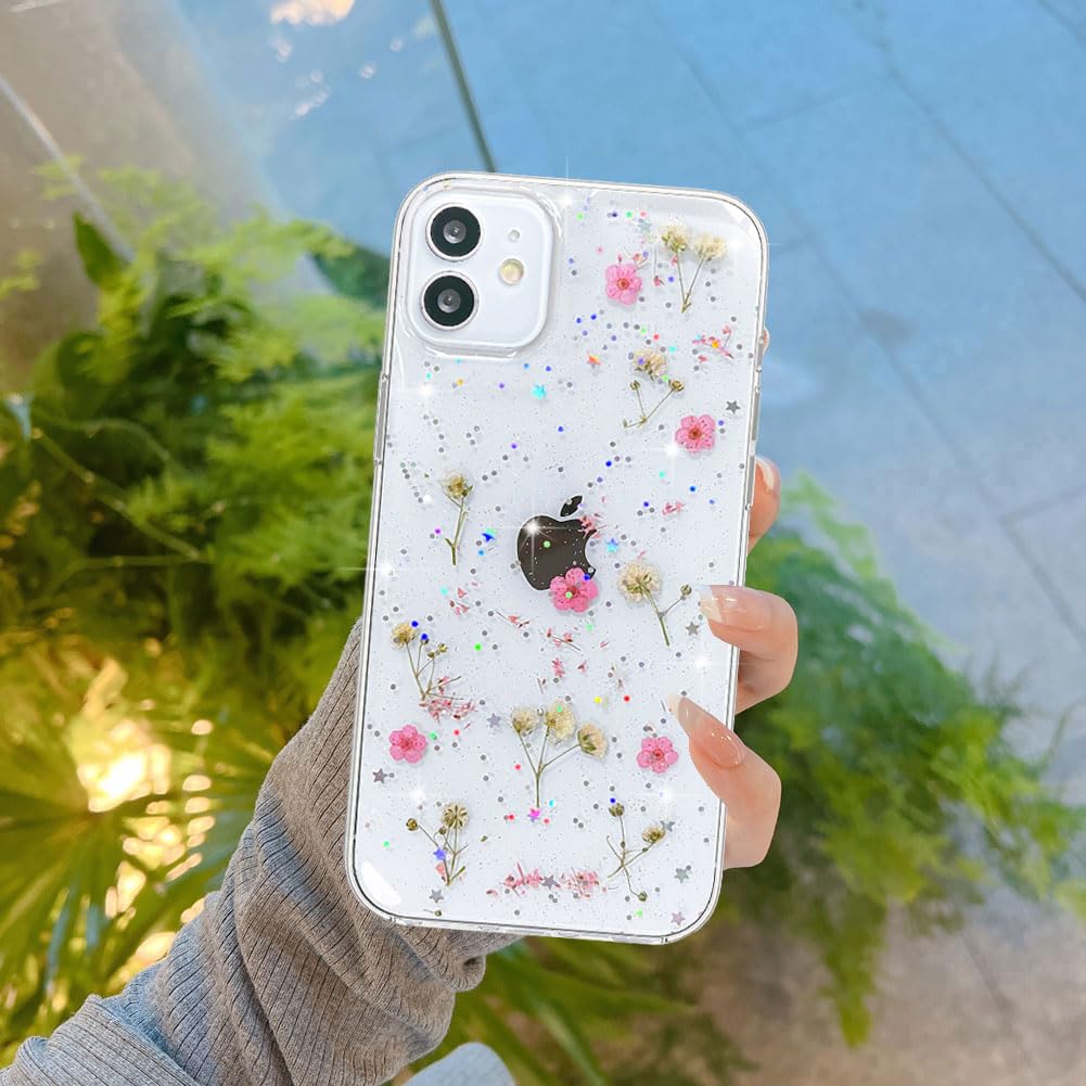 Abbery For Iphone 11 Case Flower, Clear With Design Cute Soft Silicone Flexible Aesthetic Pressed Dried Real Flowers Babysbreath