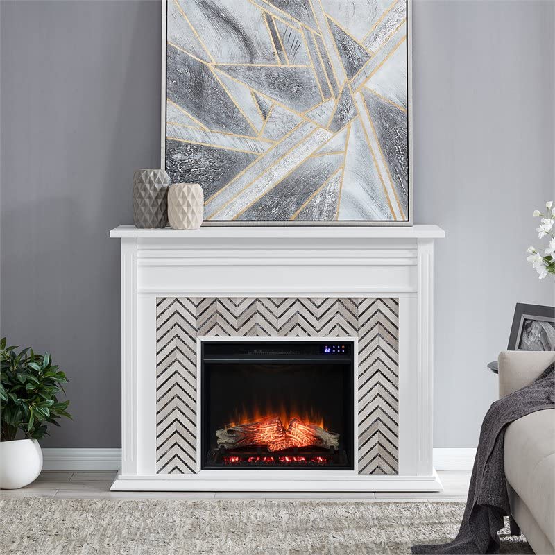 Sei Furniture Hebbington Wood Tiled Marble Electric Fireplace In White